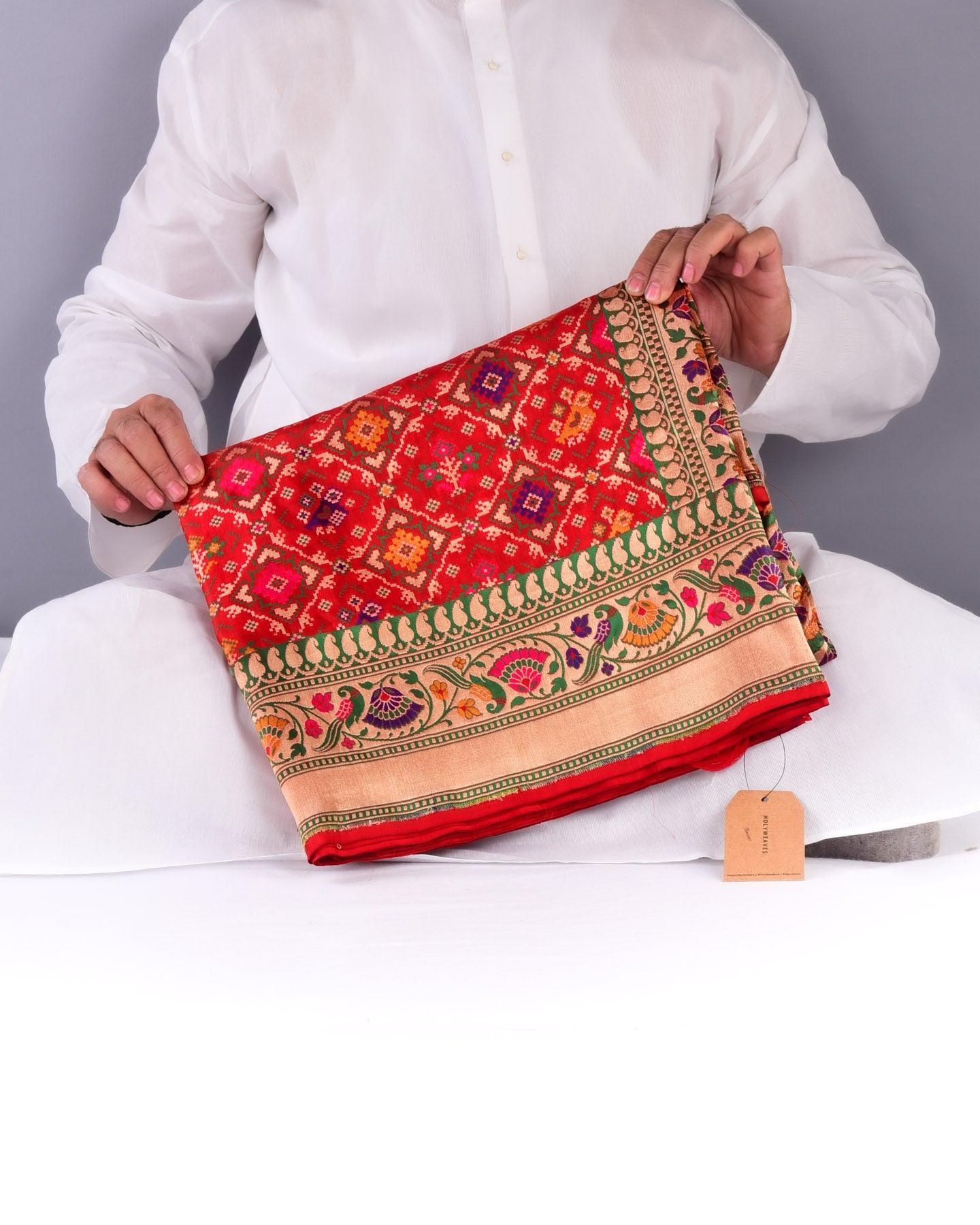 Red Banarasi Patola Cutwork Brocade Handwoven Katan Silk Saree - By HolyWeaves, Benares