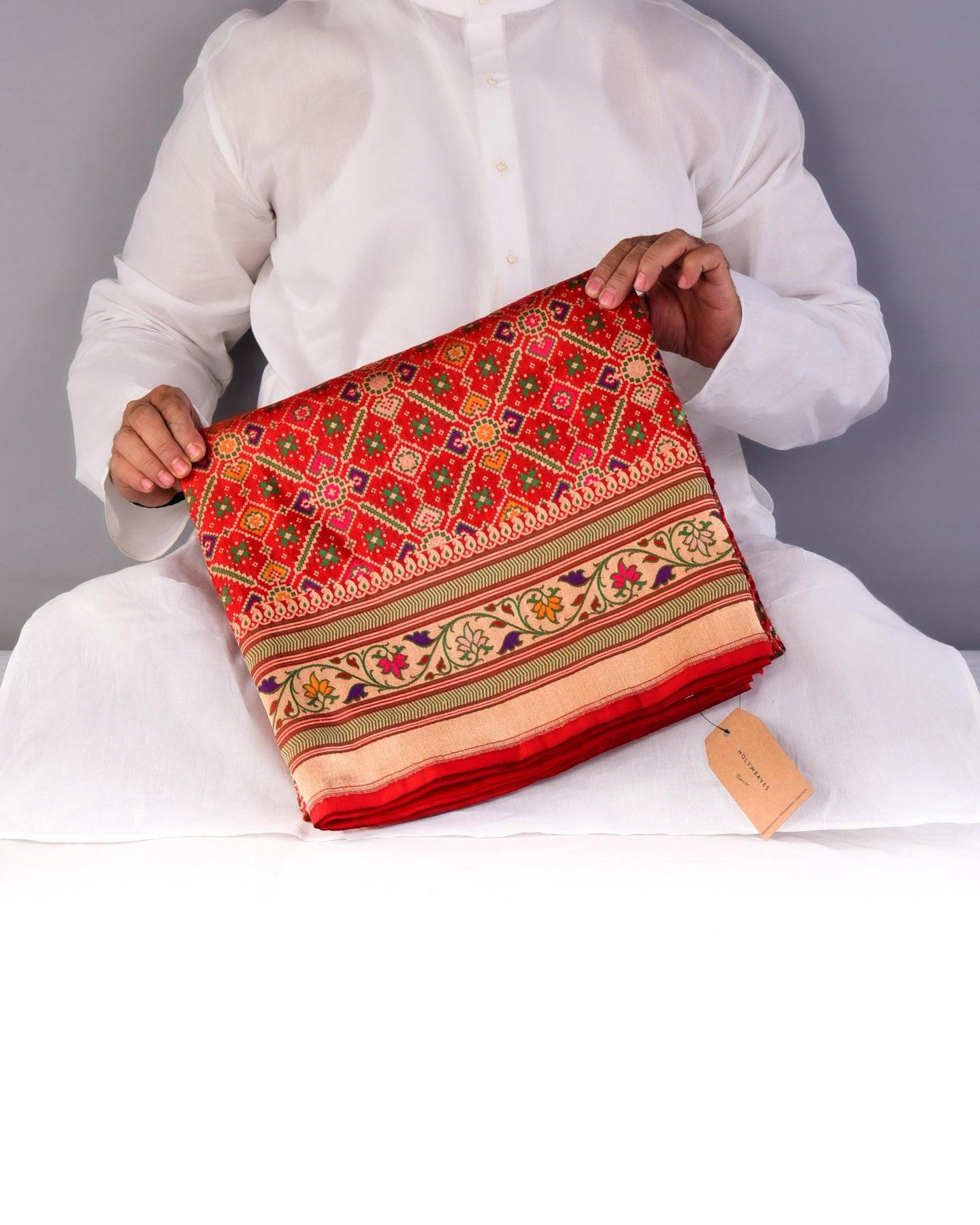 Red Banarasi Patola Tehra Meena Cutwork Brocade Handwoven Katan Silk Saree - By HolyWeaves, Benares