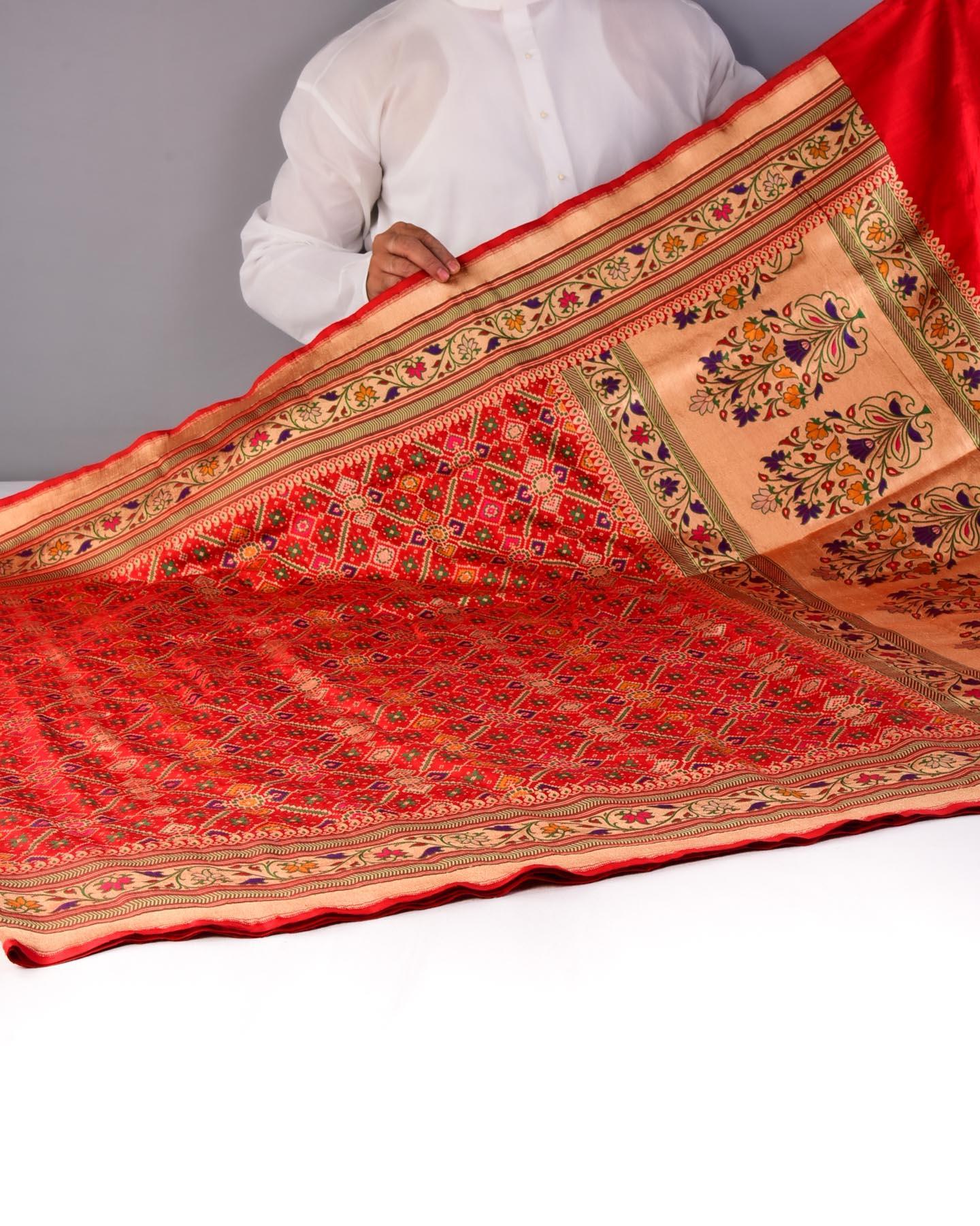 Red Banarasi Patola Tehra Meena Cutwork Brocade Handwoven Katan Silk Saree - By HolyWeaves, Benares