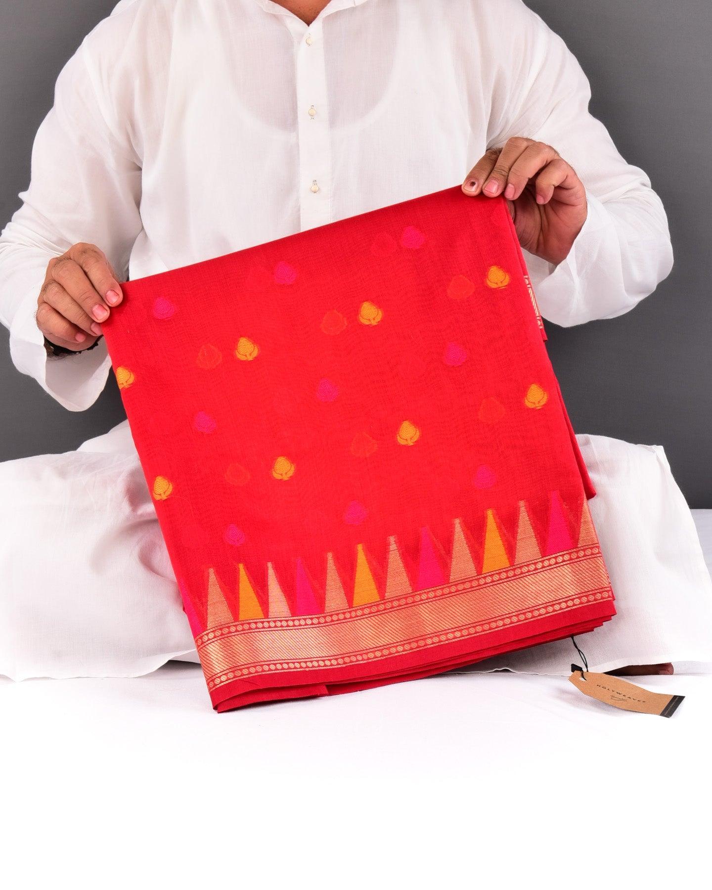 Red Banarasi Resham Buti Cutwork Brocade Woven Cotton Silk Saree with Temple Border - By HolyWeaves, Benares