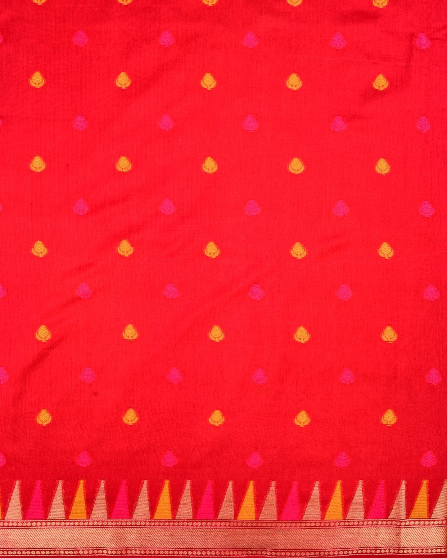 Red Banarasi Resham Buti Cutwork Brocade Woven Cotton Silk Saree with Temple Border - By HolyWeaves, Benares