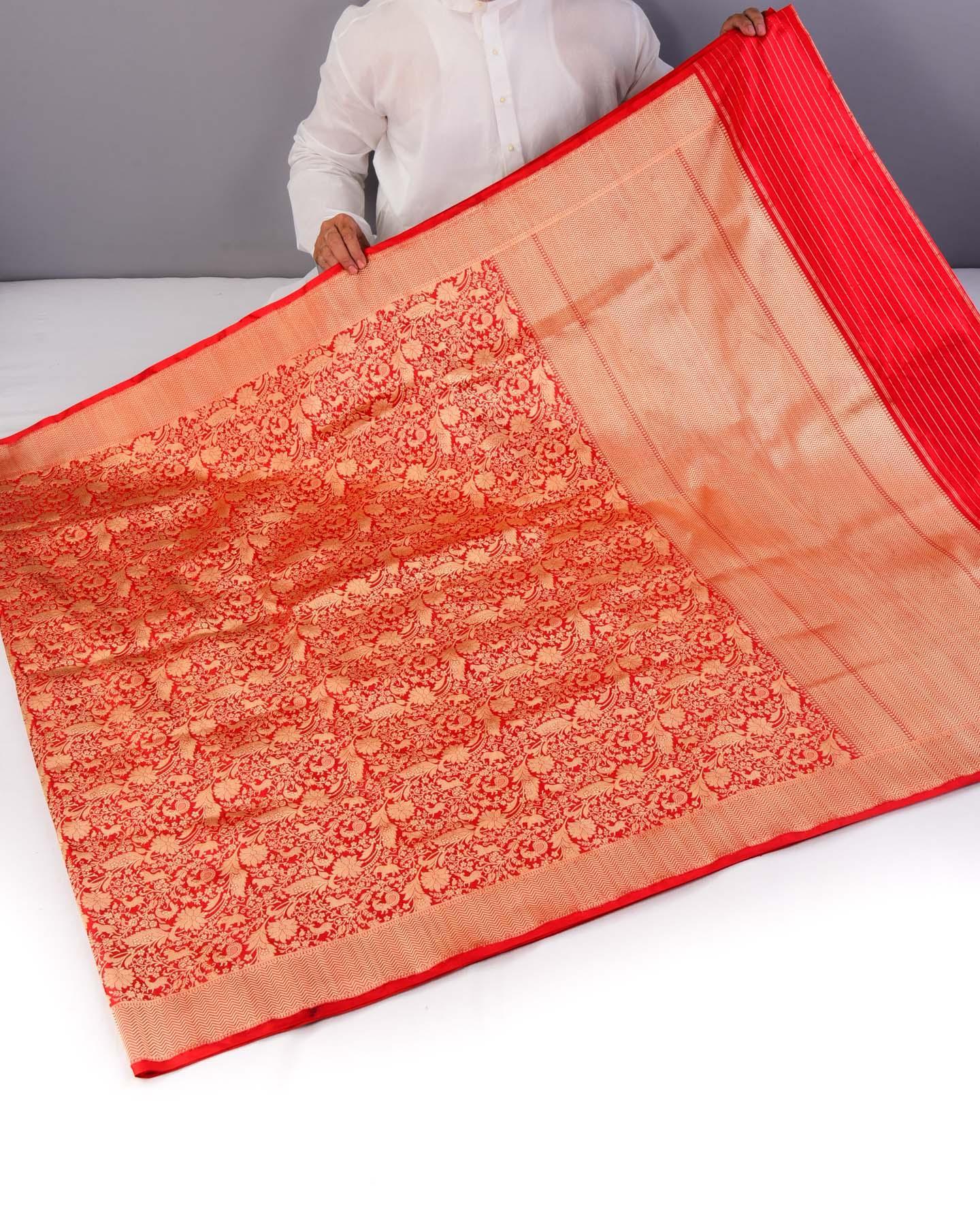 Red Banarasi Shikargah Brocade Handwoven Katan Silk Saree - By HolyWeaves, Benares