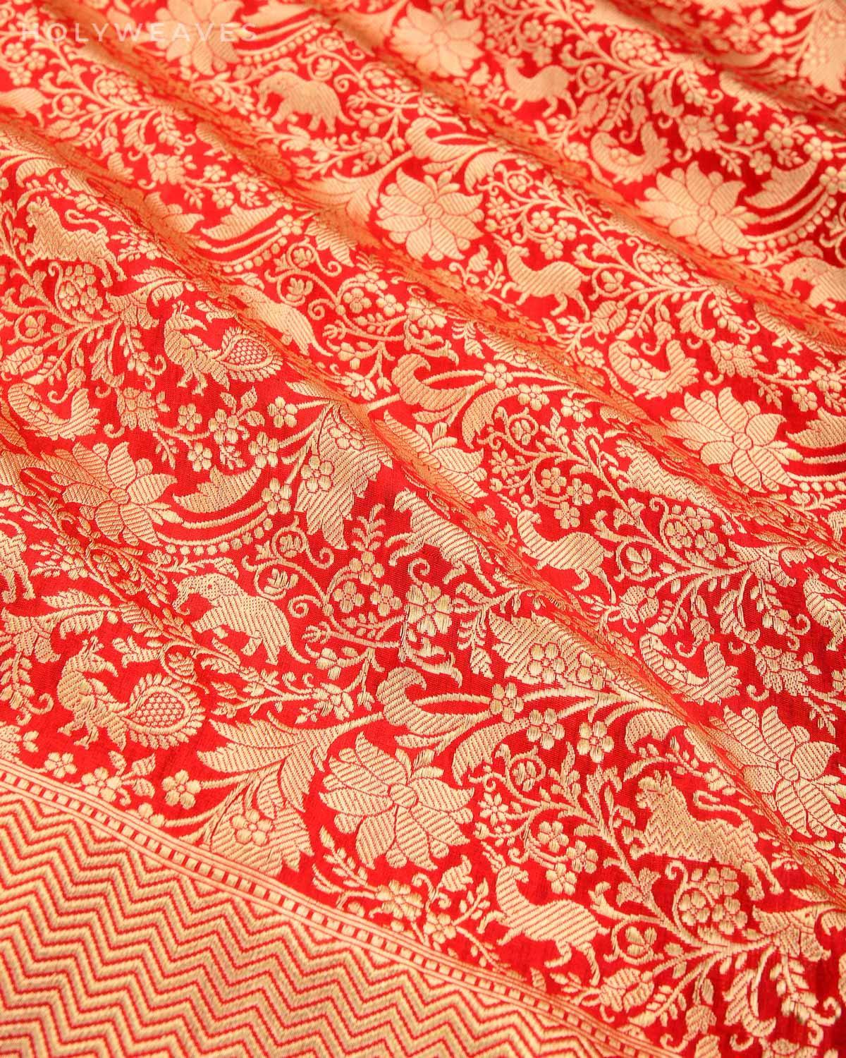 Red Banarasi Shikargah Brocade Handwoven Katan Silk Saree - By HolyWeaves, Benares
