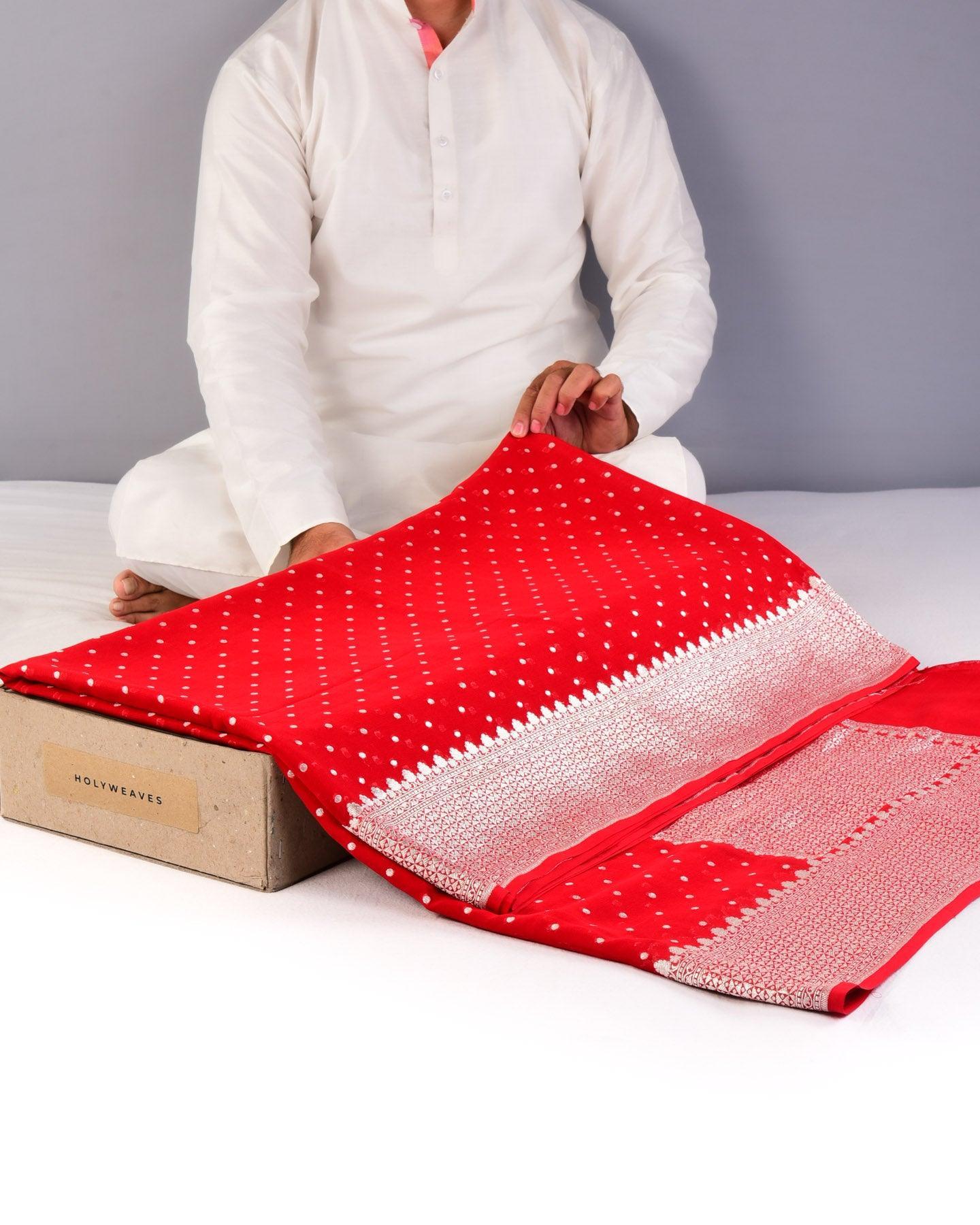 Red Banarasi Silver Polka Buti Cutwork Brocade Handwoven Khaddi Georgette Saree - By HolyWeaves, Benares