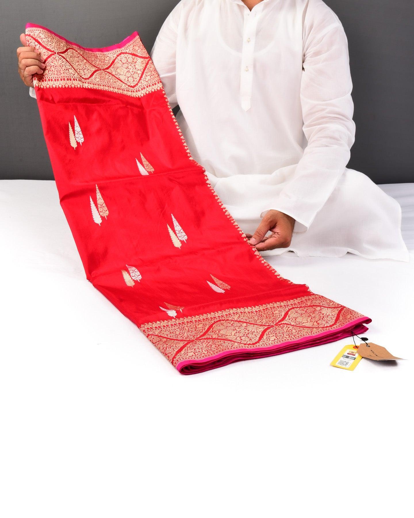 Red Banarasi Sona-Rupa Deodara Buti Kadhuan Brocade Handwoven Katan Silk Saree - By HolyWeaves, Benares