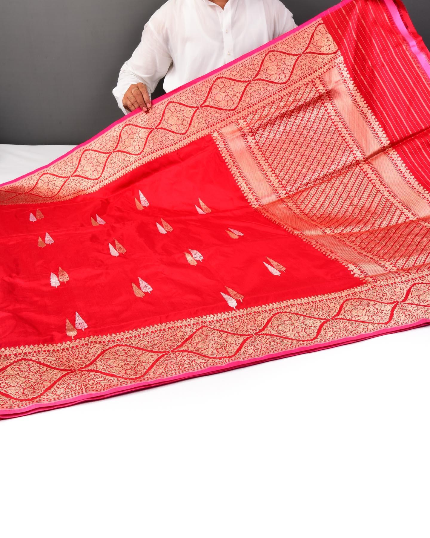 Red Banarasi Sona-Rupa Deodara Buti Kadhuan Brocade Handwoven Katan Silk Saree - By HolyWeaves, Benares