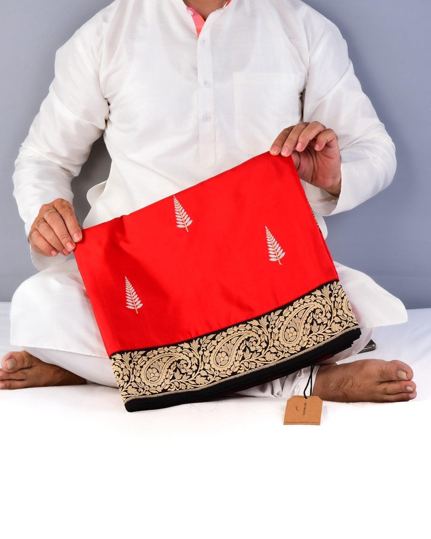 Red Banarasi Sona Rupa Devdar Buti Kadhuan Brocade Handwoven Katan Silk Saree - By HolyWeaves, Benares