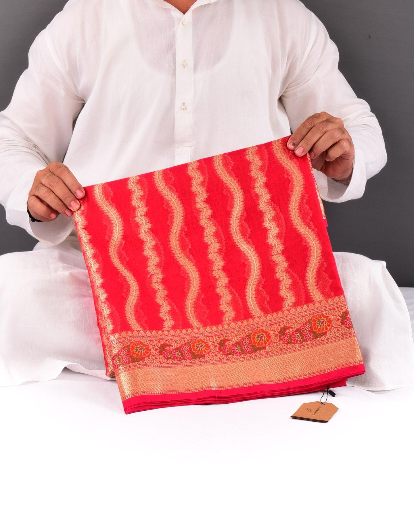 Red Banarasi Spiral Zari Stripes Cutwork Brocade Woven Cotton Silk Saree with Meena Bel Brocade Border - By HolyWeaves, Benares