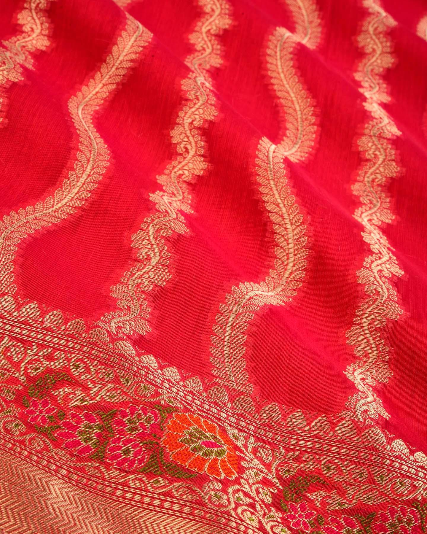Red Banarasi Spiral Zari Stripes Cutwork Brocade Woven Cotton Silk Saree with Meena Bel Brocade Border - By HolyWeaves, Benares