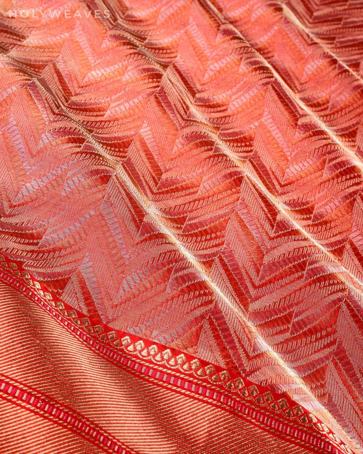 Red Banarasi Stylised Chevron Brocade Handwoven Katan Silk Dupatta - By HolyWeaves, Benares
