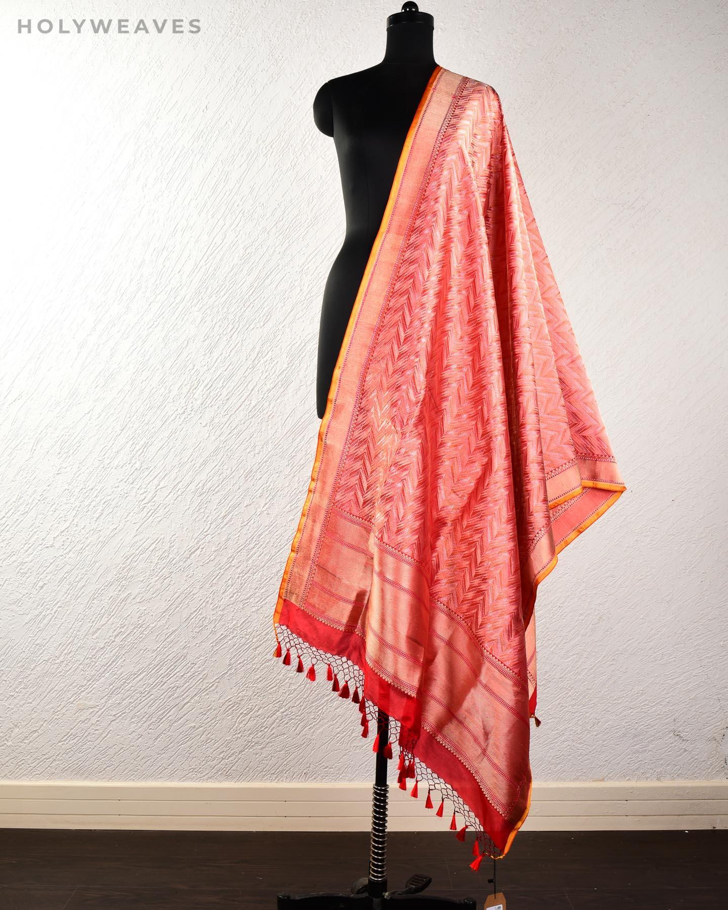 Red Banarasi Stylised Chevron Brocade Handwoven Katan Silk Dupatta - By HolyWeaves, Benares