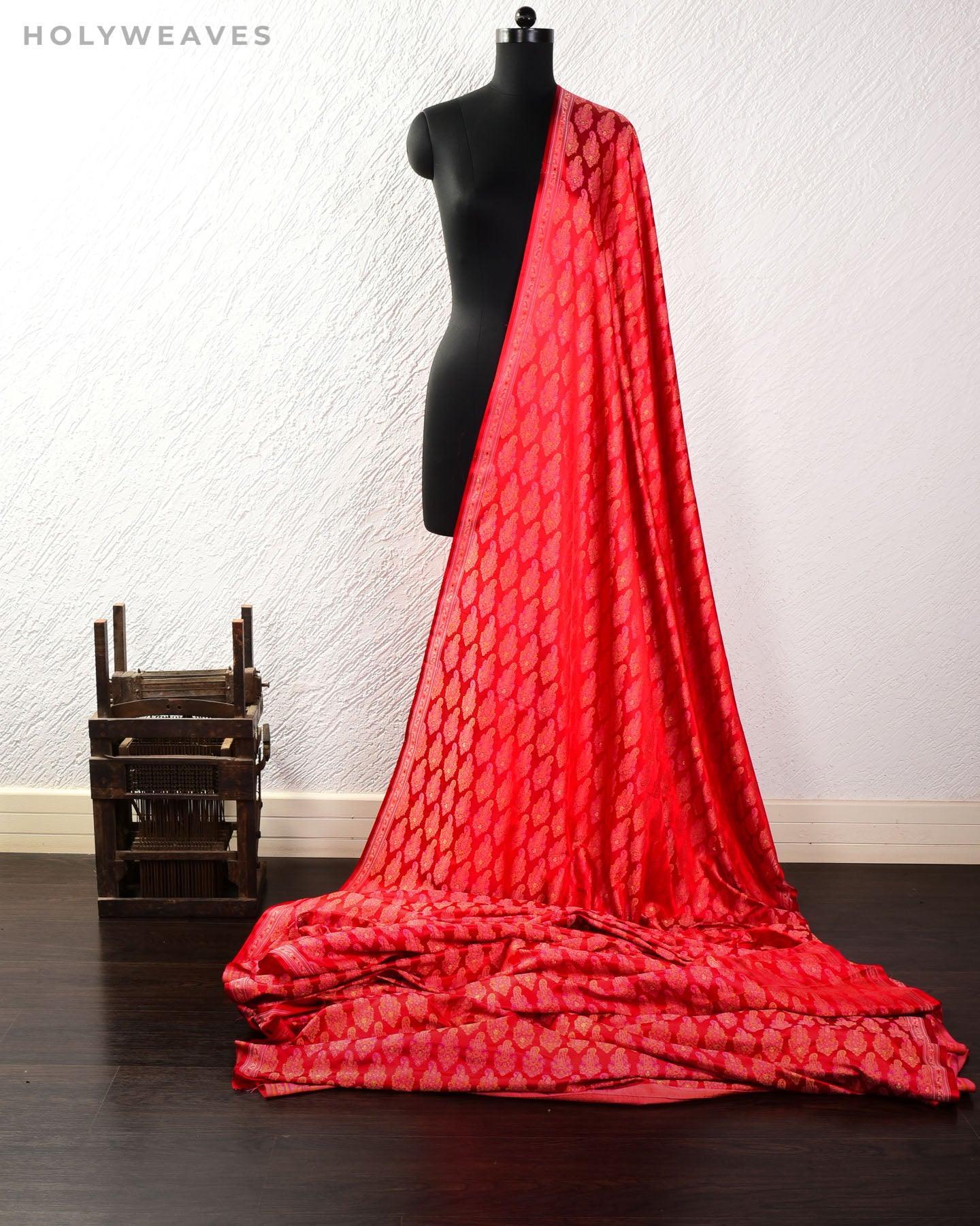 Red Banarasi Tehra Jamawar Brocade Handwoven Katan Silk Fabric with Zari Accents - By HolyWeaves, Benares