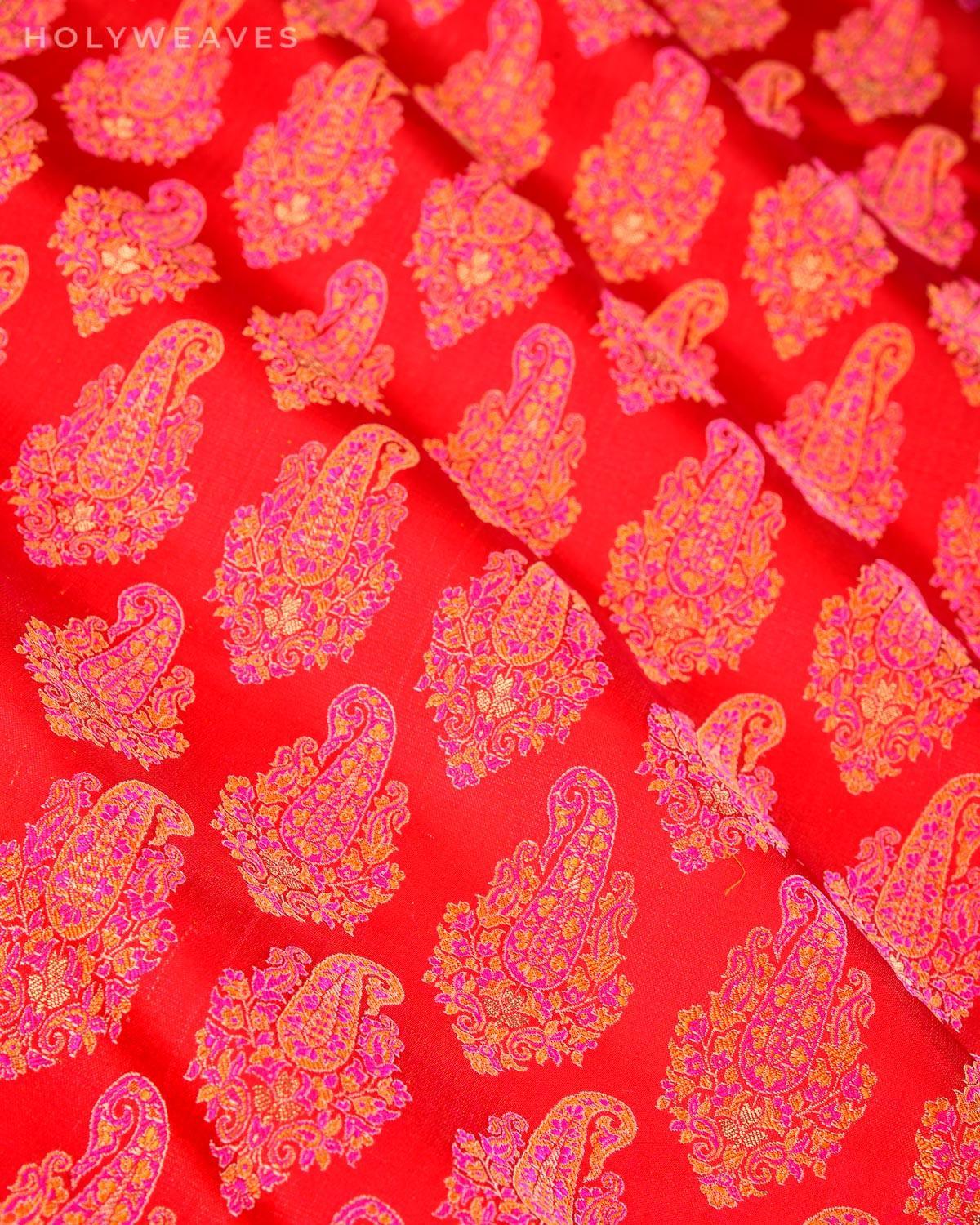 Red Banarasi Tehra Jamawar Brocade Handwoven Katan Silk Fabric with Zari Accents - By HolyWeaves, Benares