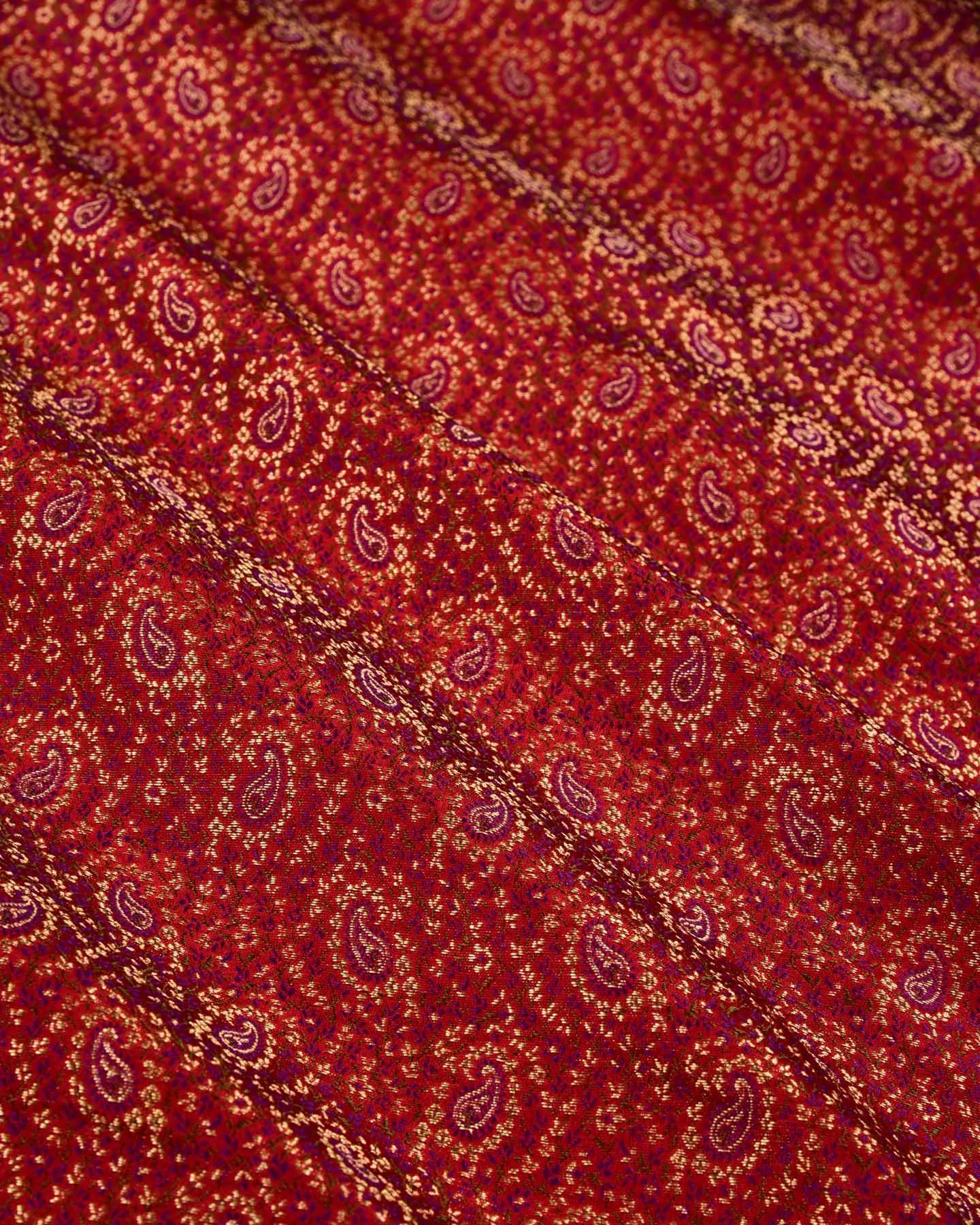 Red Banarasi Tehra Jamawar Handwoven Katan Silk Fabric with Zari Accents - By HolyWeaves, Benares