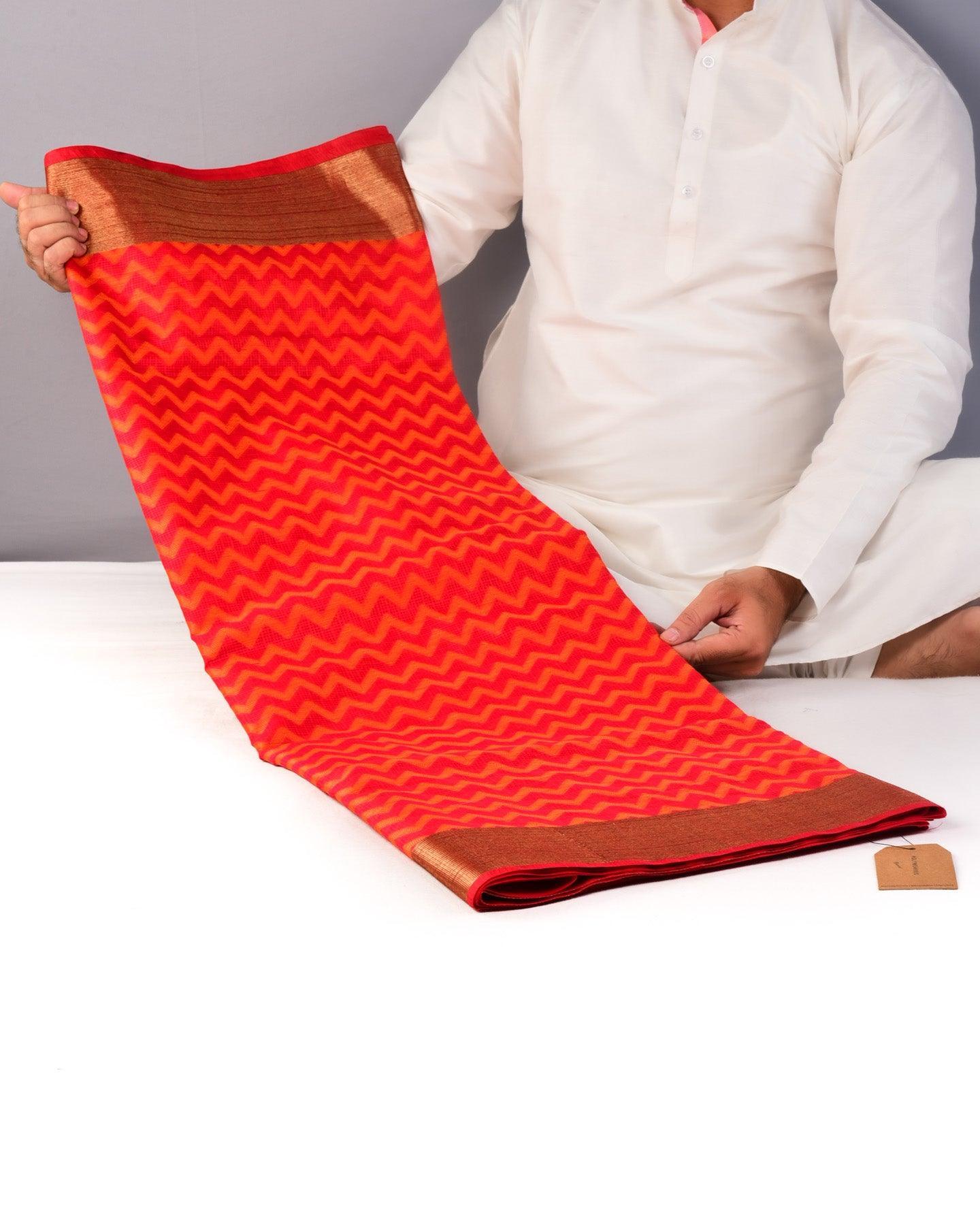 Red Banarasi Textured Resham Zig-Zag Cutwork Brocade Woven Art Cotton Silk Saree - By HolyWeaves, Benares