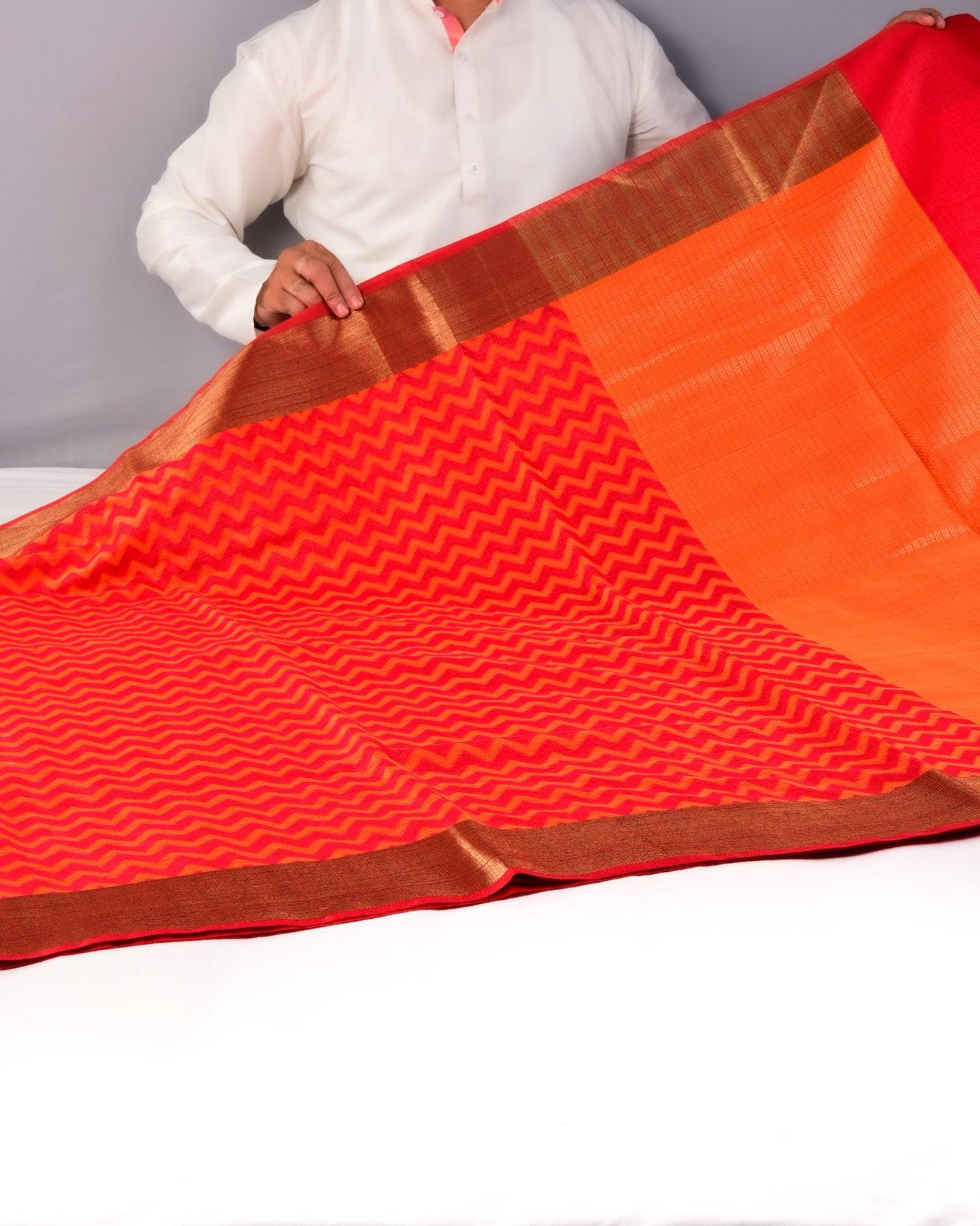 Red Banarasi Textured Resham Zig-Zag Cutwork Brocade Woven Art Cotton Silk Saree - By HolyWeaves, Benares