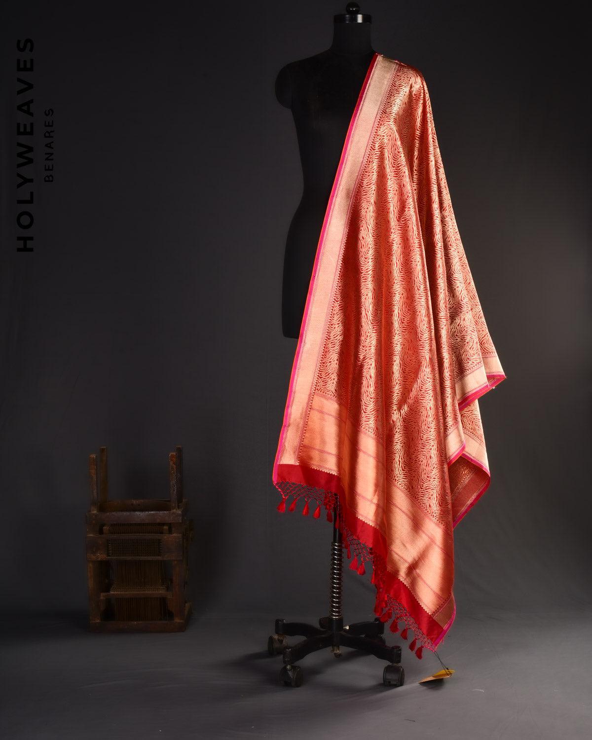 Red Banarasi Tigress Stripes Brocade Handwoven Katan Silk Dupatta - By HolyWeaves, Benares