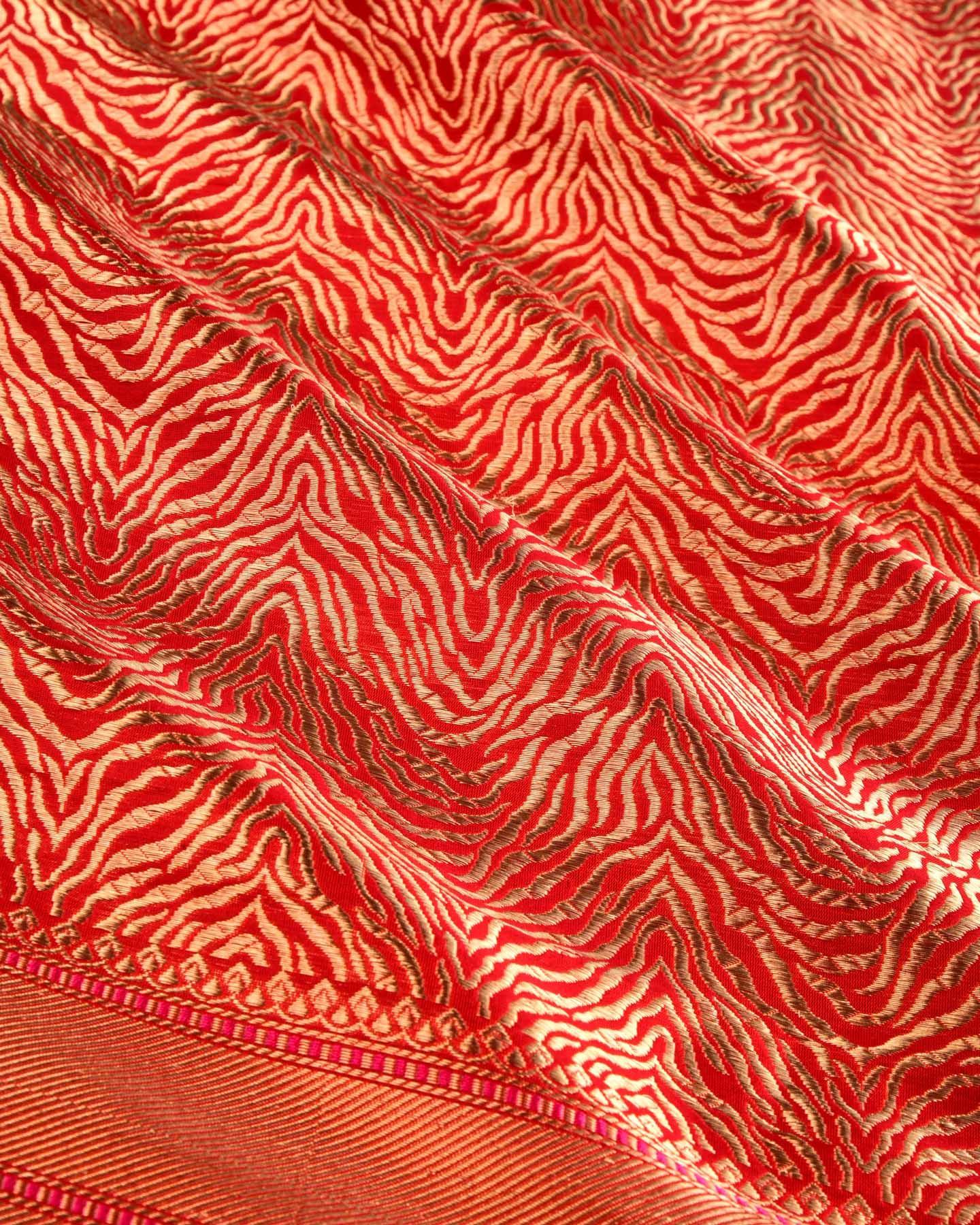 Red Banarasi Tigress Stripes Brocade Handwoven Katan Silk Dupatta - By HolyWeaves, Benares
