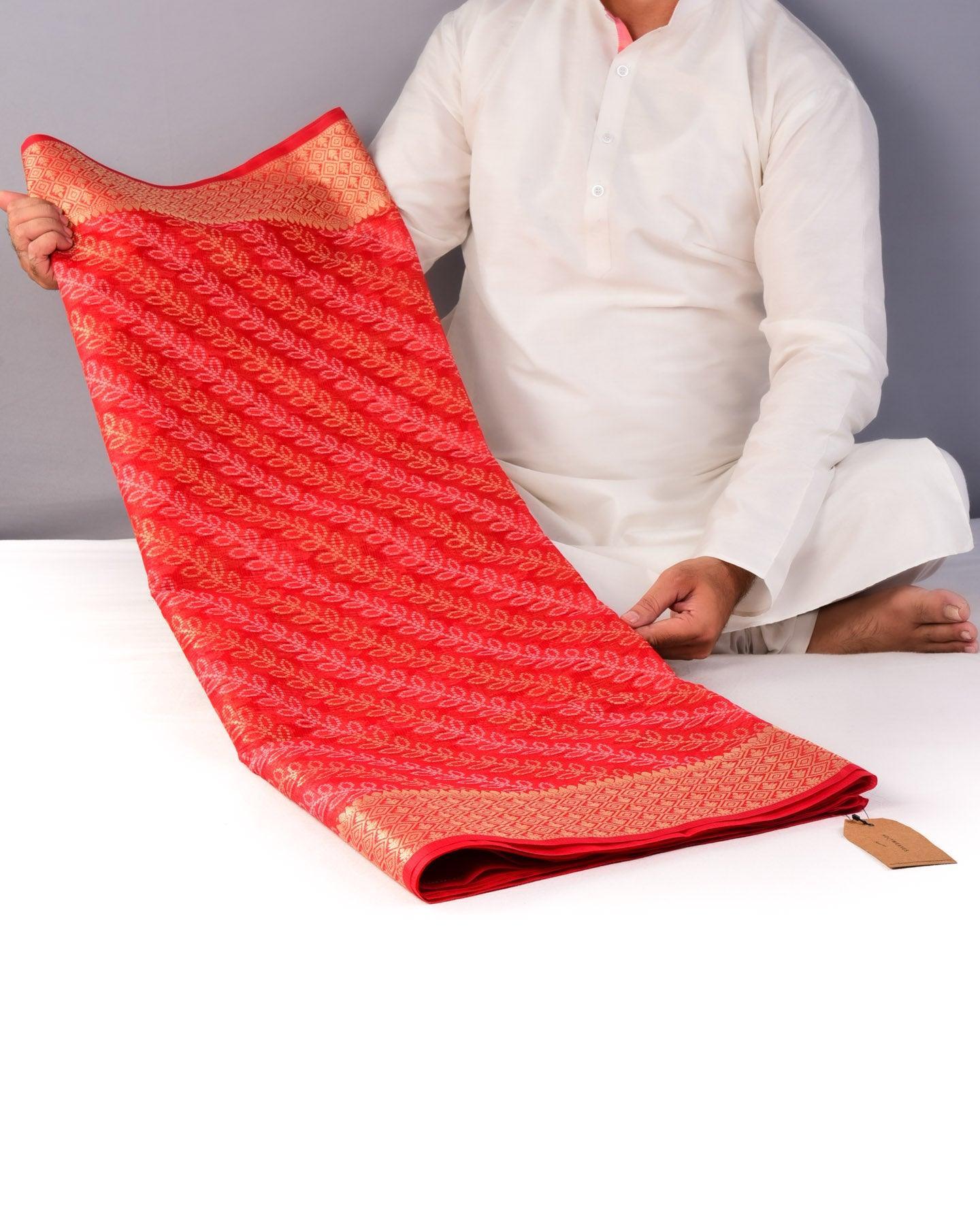 Red Banarasi Zari & Resham Dotted Leheriya Leaves Cutwork Brocade Woven Art Cotton Silk Saree - By HolyWeaves, Benares