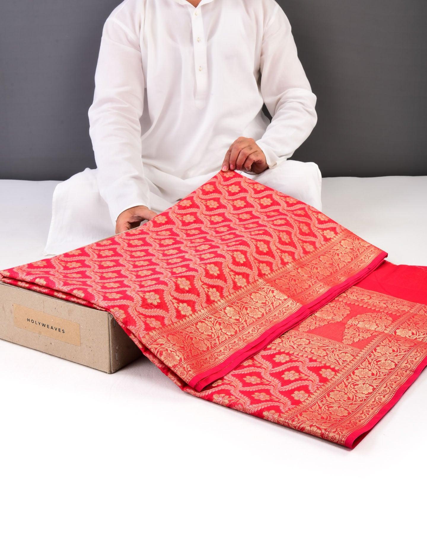 Red Banarasi Zari and Resham Jaal Cutwork Brocade Woven Cotton Silk Saree - By HolyWeaves, Benares