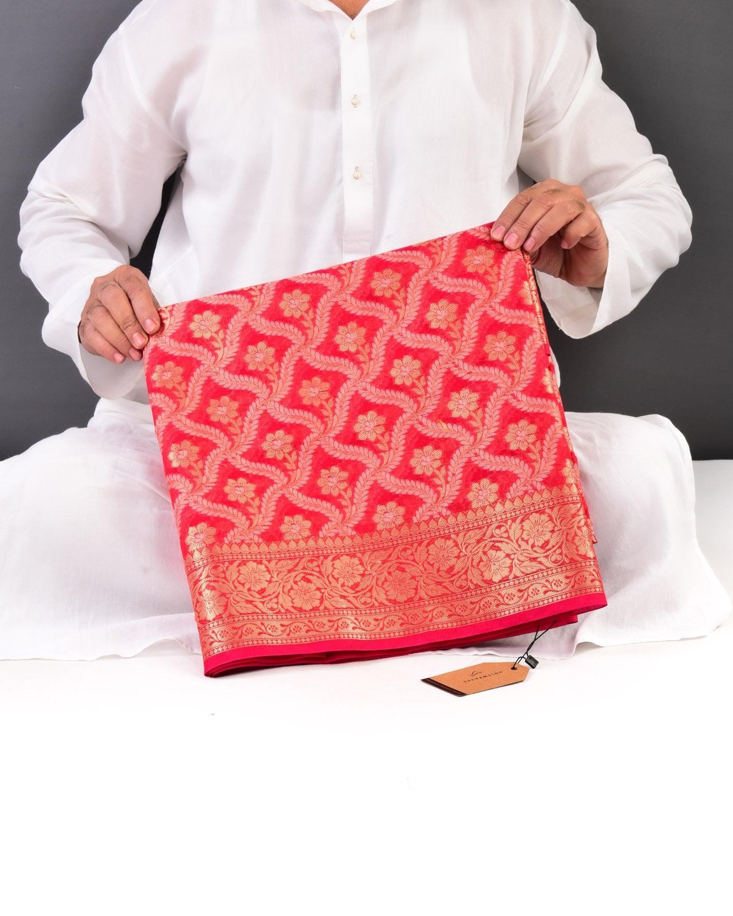 Red Banarasi Zari and Resham Jaal Cutwork Brocade Woven Cotton Silk Saree - By HolyWeaves, Benares