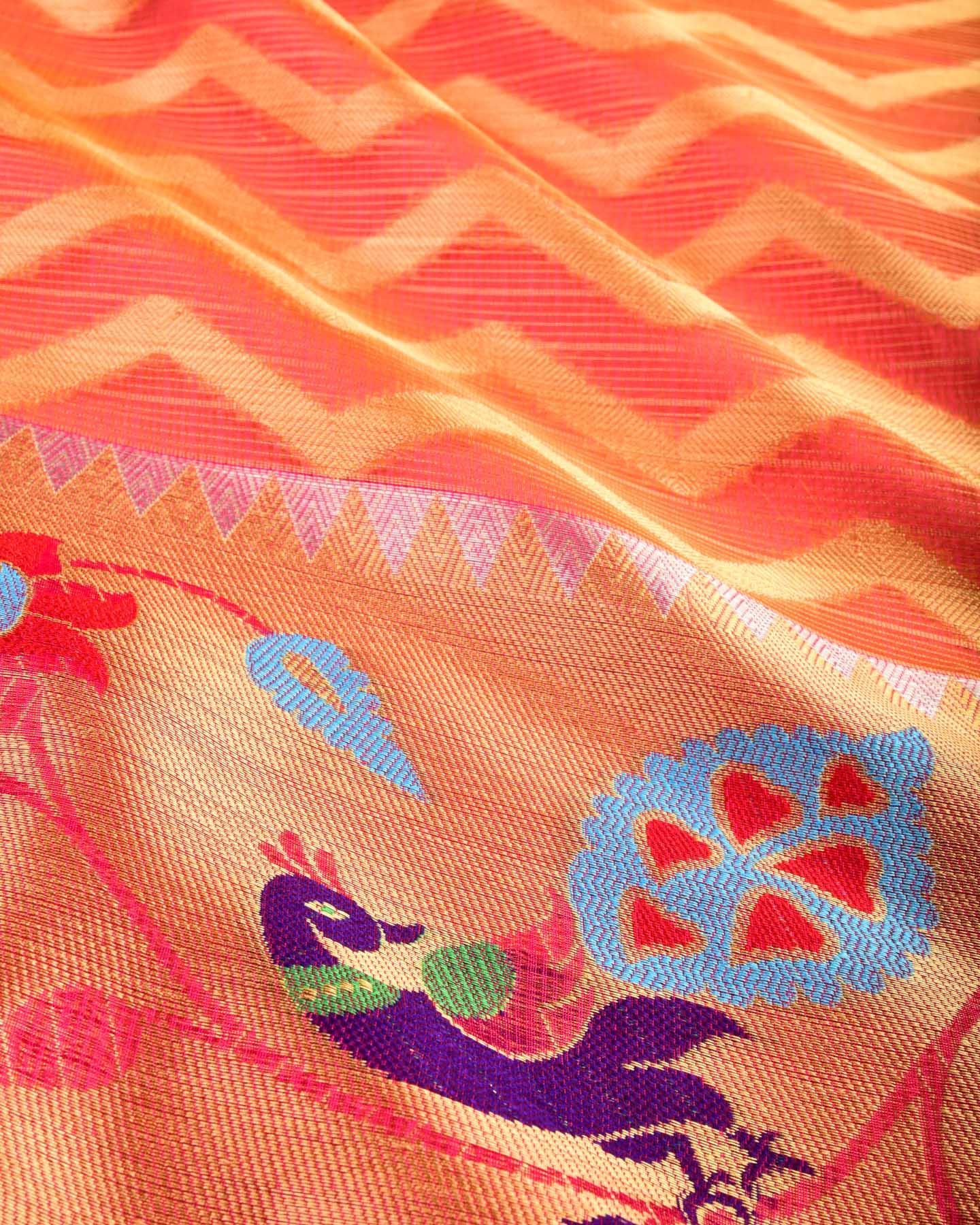 Red Banarasi Zig-Zag Cutwork Brocade Woven Kota Tissue Saree with Paithani Border - By HolyWeaves, Benares