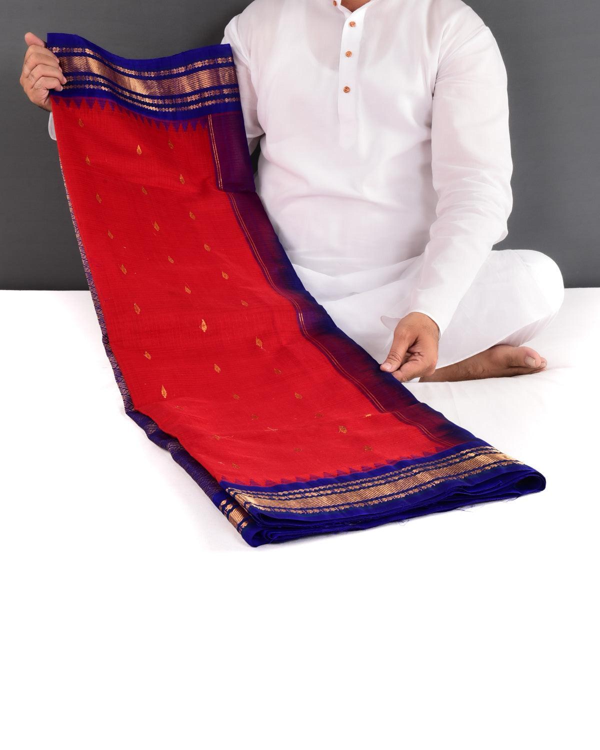Red-Blue Gadwal Kadhuan (कढ़ुआँ) Brocade Handwoven Cotton Silk Saree - By HolyWeaves, Benares