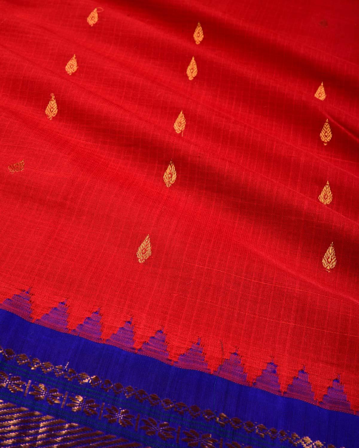 Red-Blue Gadwal Kadhuan (कढ़ुआँ) Brocade Handwoven Cotton Silk Saree - By HolyWeaves, Benares