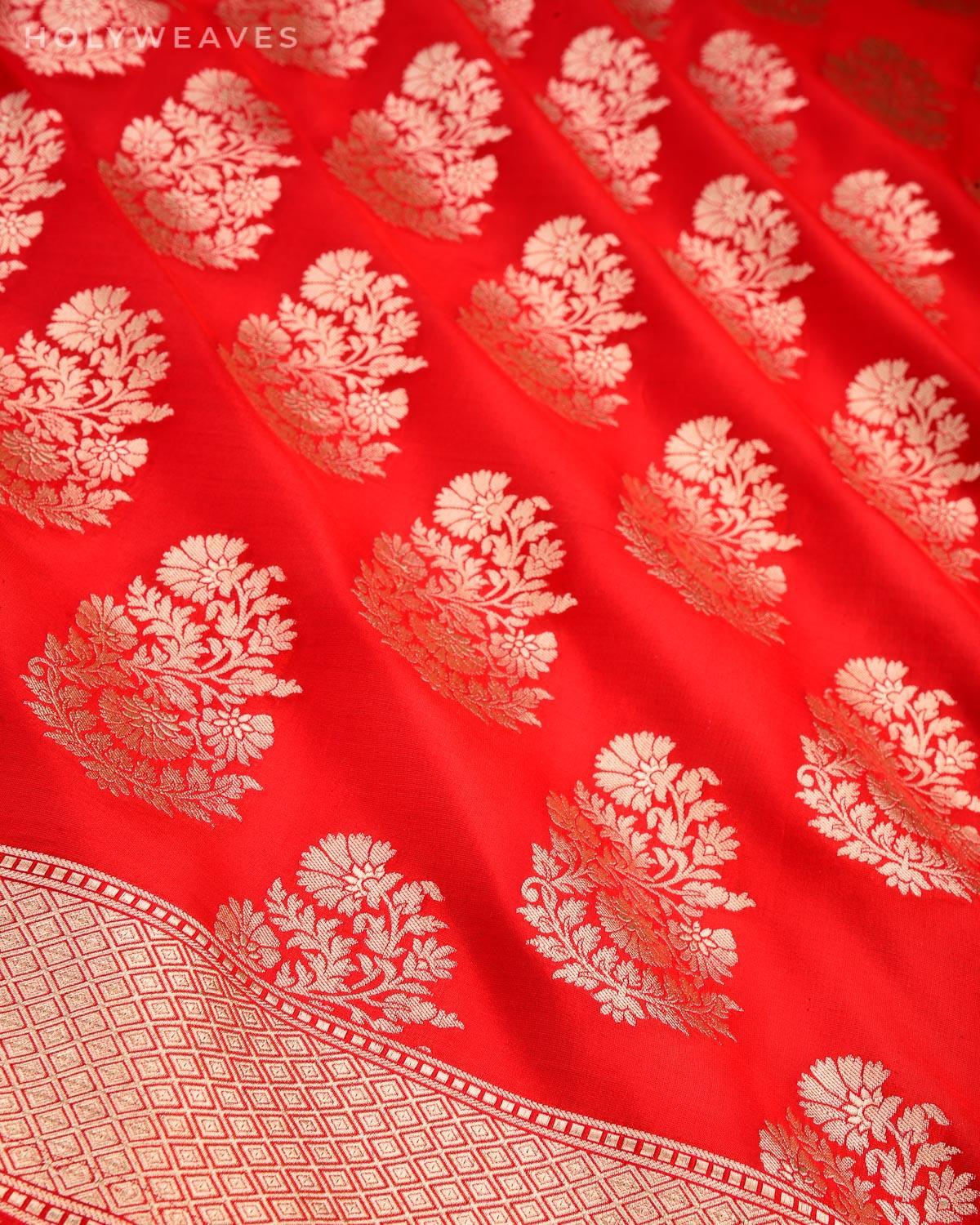 Red Bridal Banarasi Cutwork Brocade Handwoven Katan Silk Saree - By HolyWeaves, Benares