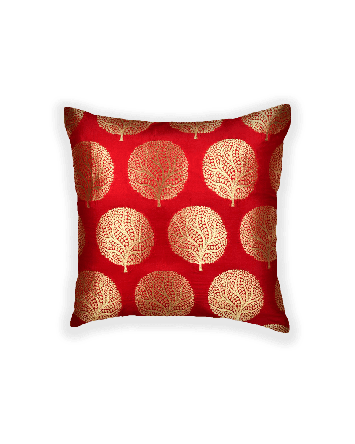 Red Brocade Woven Pure Dupion Silk Cushion Cover with Satin Back 16" - By HolyWeaves, Benares