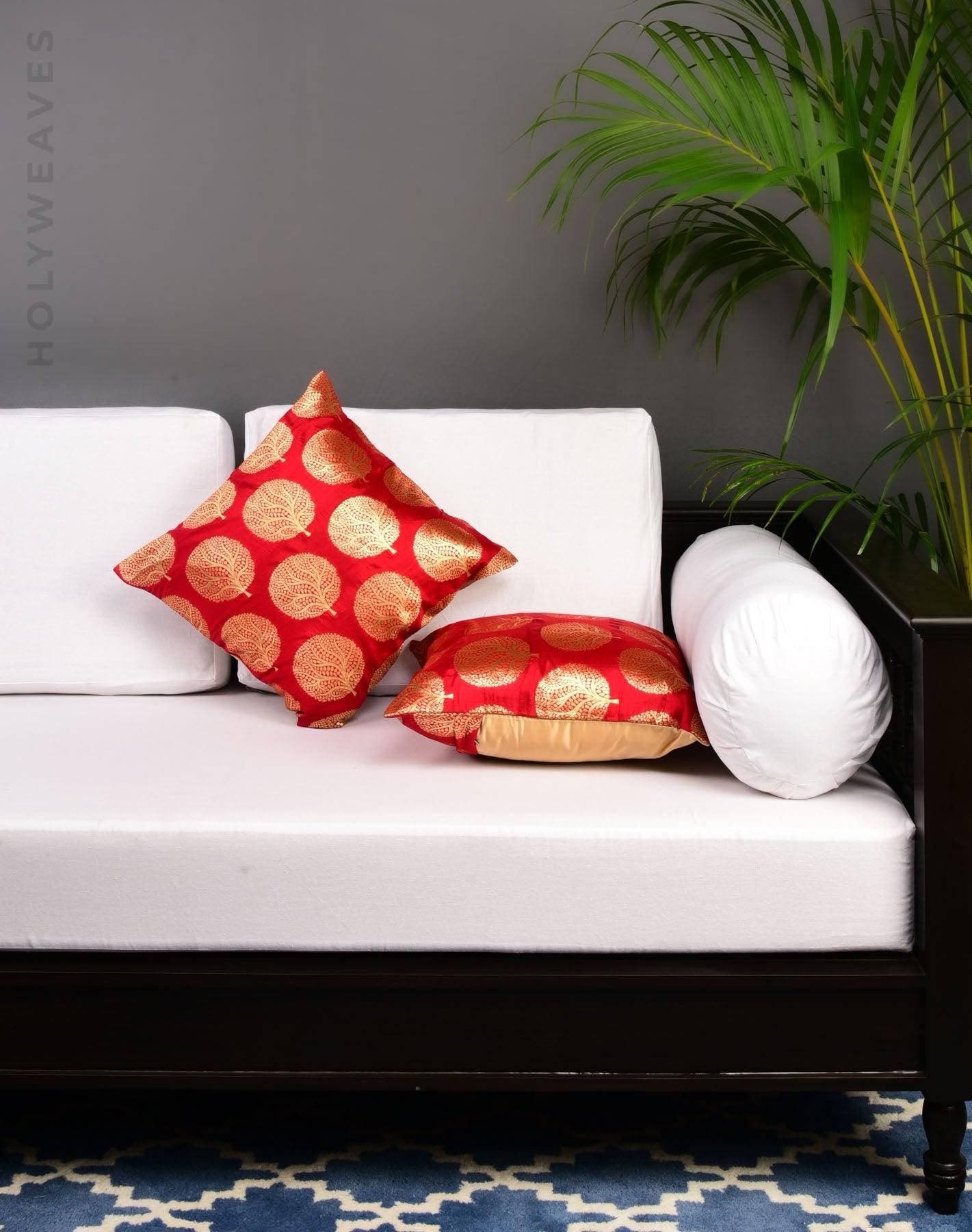 Red Brocade Woven Pure Dupion Silk Cushion Cover with Satin Back 16" - By HolyWeaves, Benares