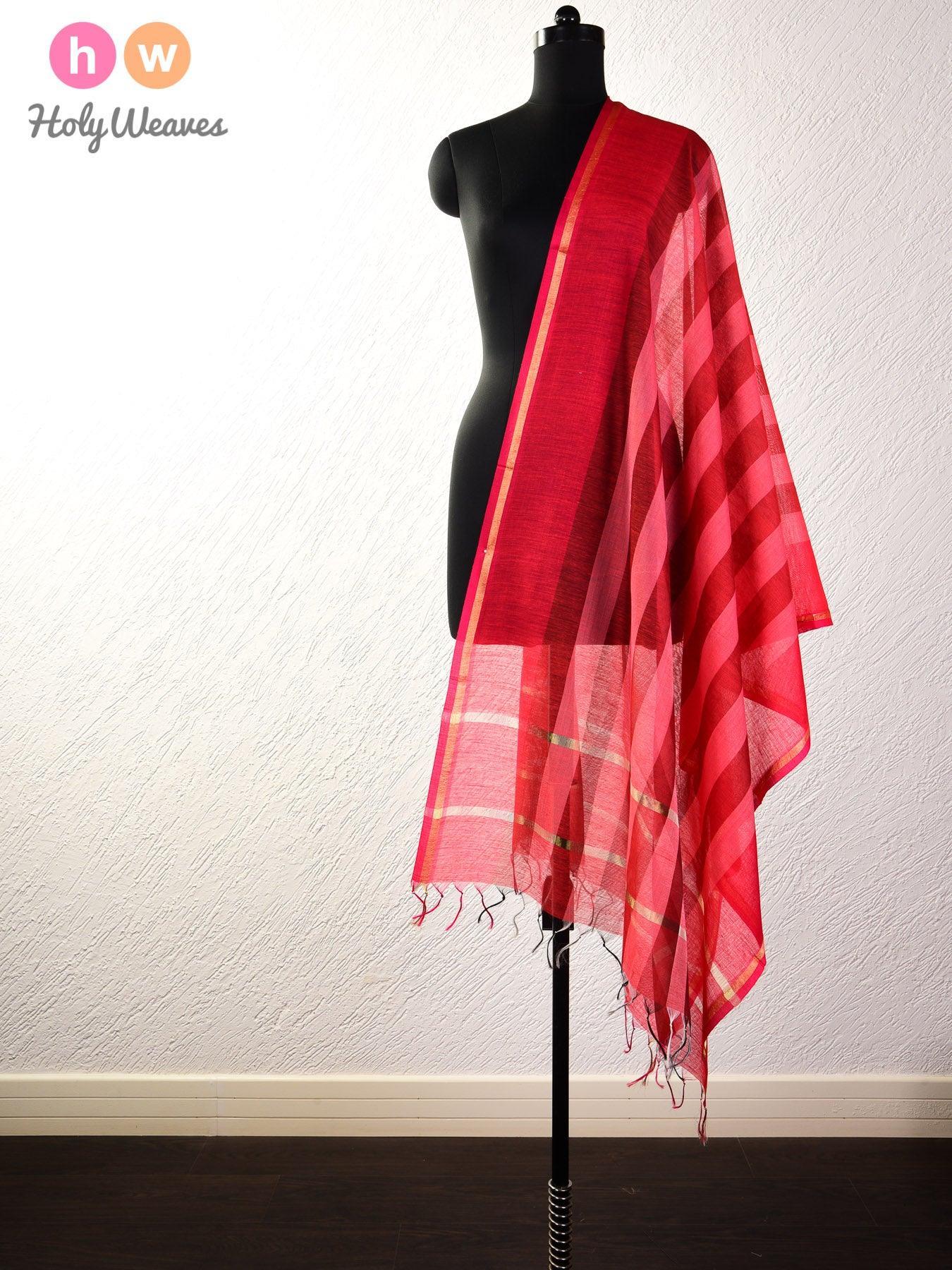 Red Cabana Stripes Woven Cotton Silk Dupatta - By HolyWeaves, Benares