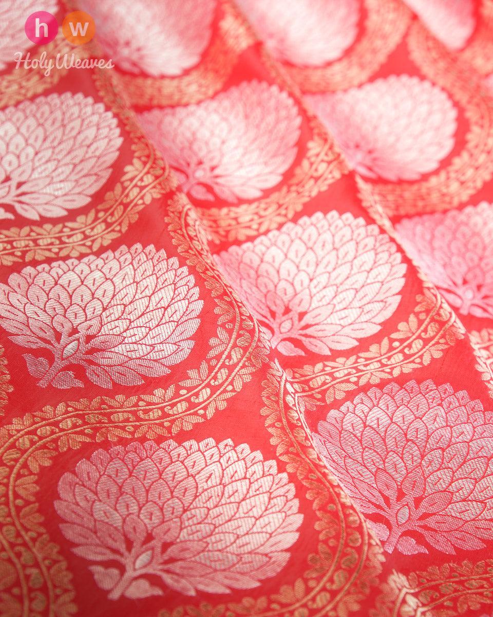 Red Dupion Silk Cutwork Brocade Handwoven Fabric - By HolyWeaves, Benares