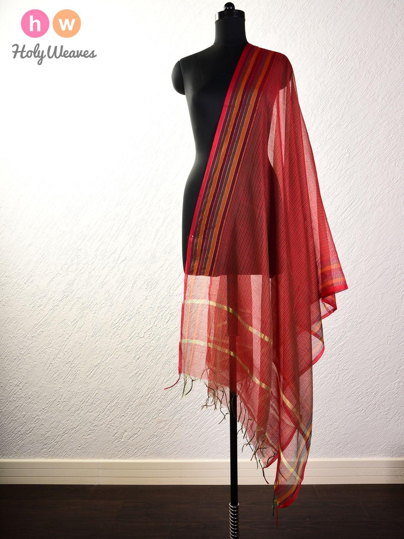 Red Hairline Stripes Woven Cotton Silk Dupatta - By HolyWeaves, Benares