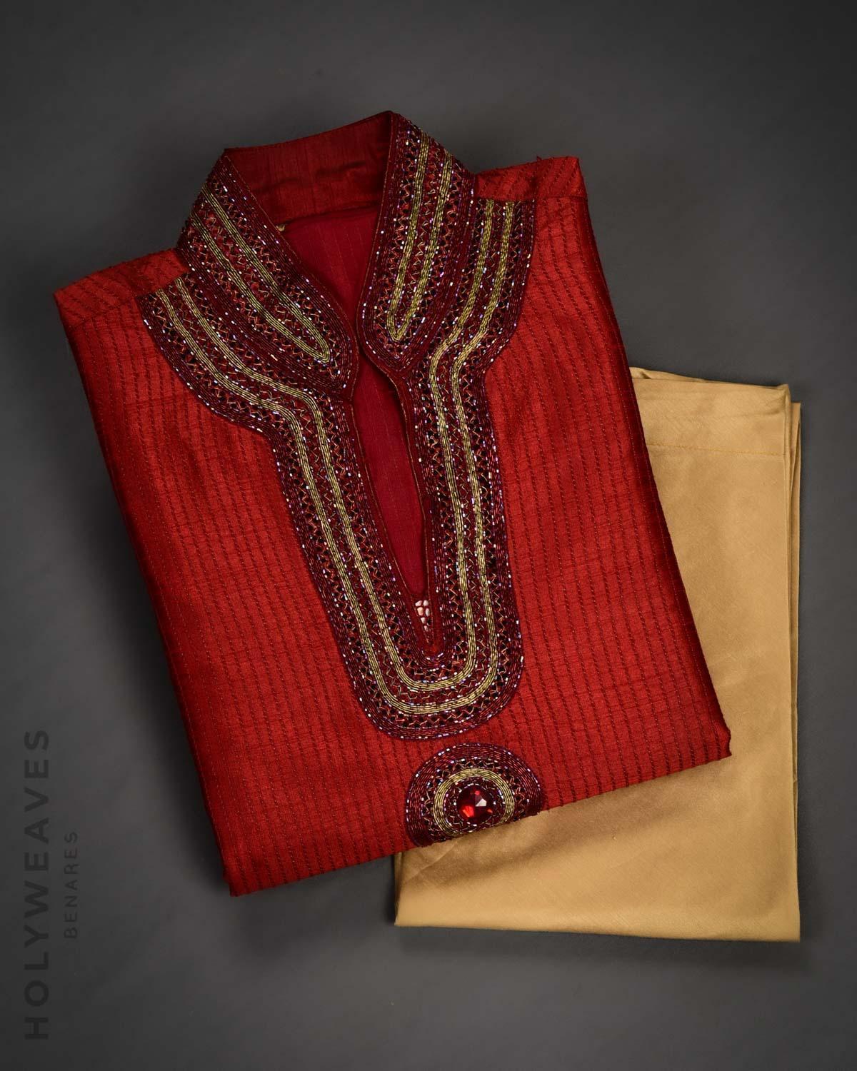 Red Hand-embroidered Art Silk Mens Kurta Pyjama - By HolyWeaves, Benares