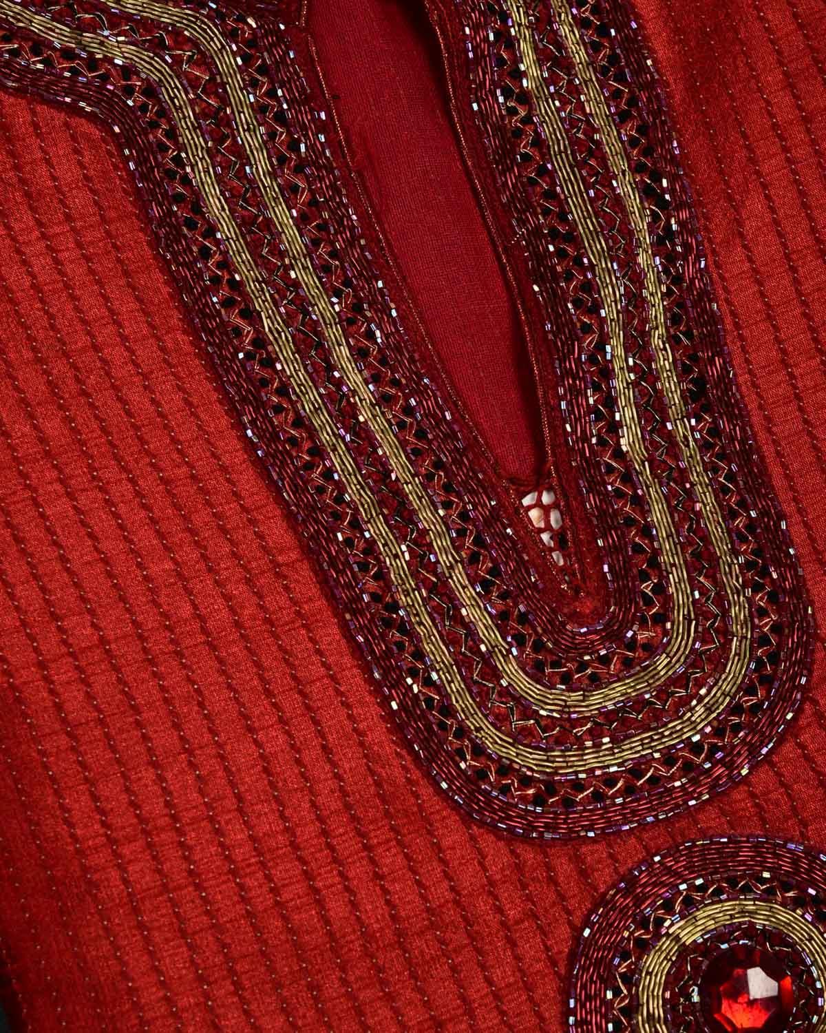 Red Hand-embroidered Art Silk Mens Kurta Pyjama - By HolyWeaves, Benares