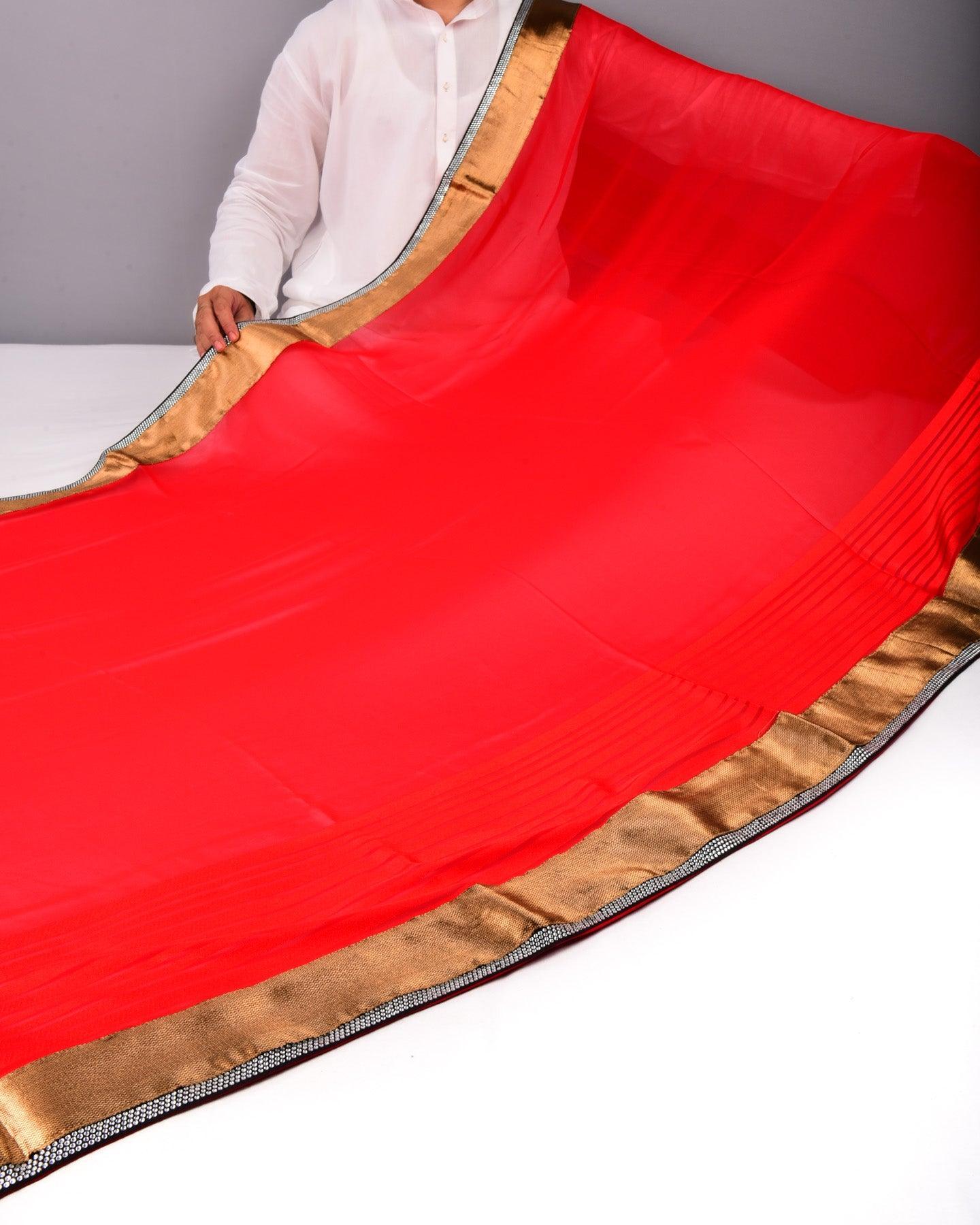 Red Hand-embroidered Georgette Saree - By HolyWeaves, Benares