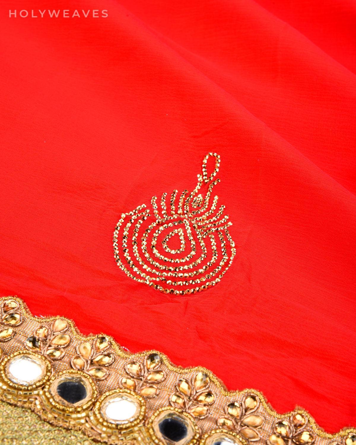 Red Hand-embroidered Georgette Saree - By HolyWeaves, Benares
