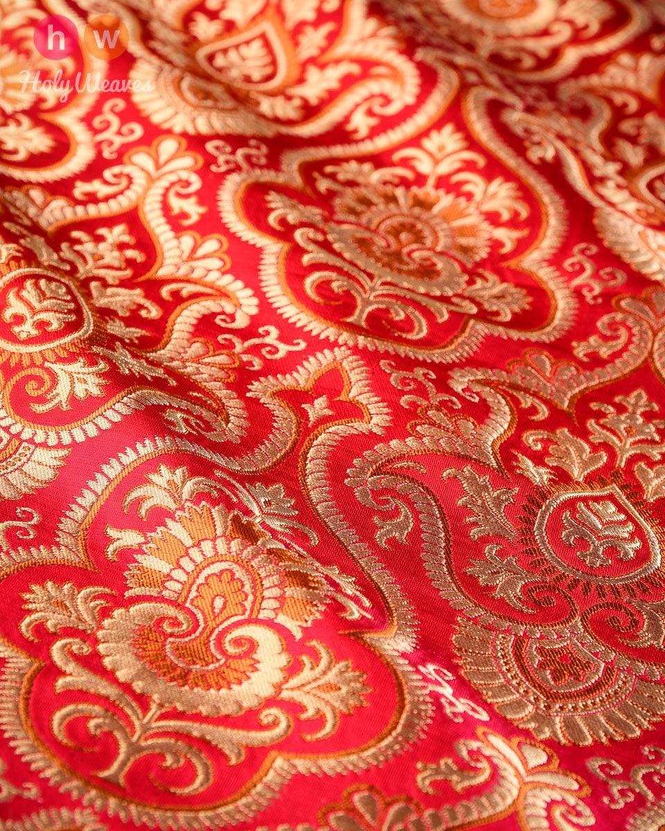 Red Handwoven Kimkhwab Brocade Fabric - By HolyWeaves, Benares