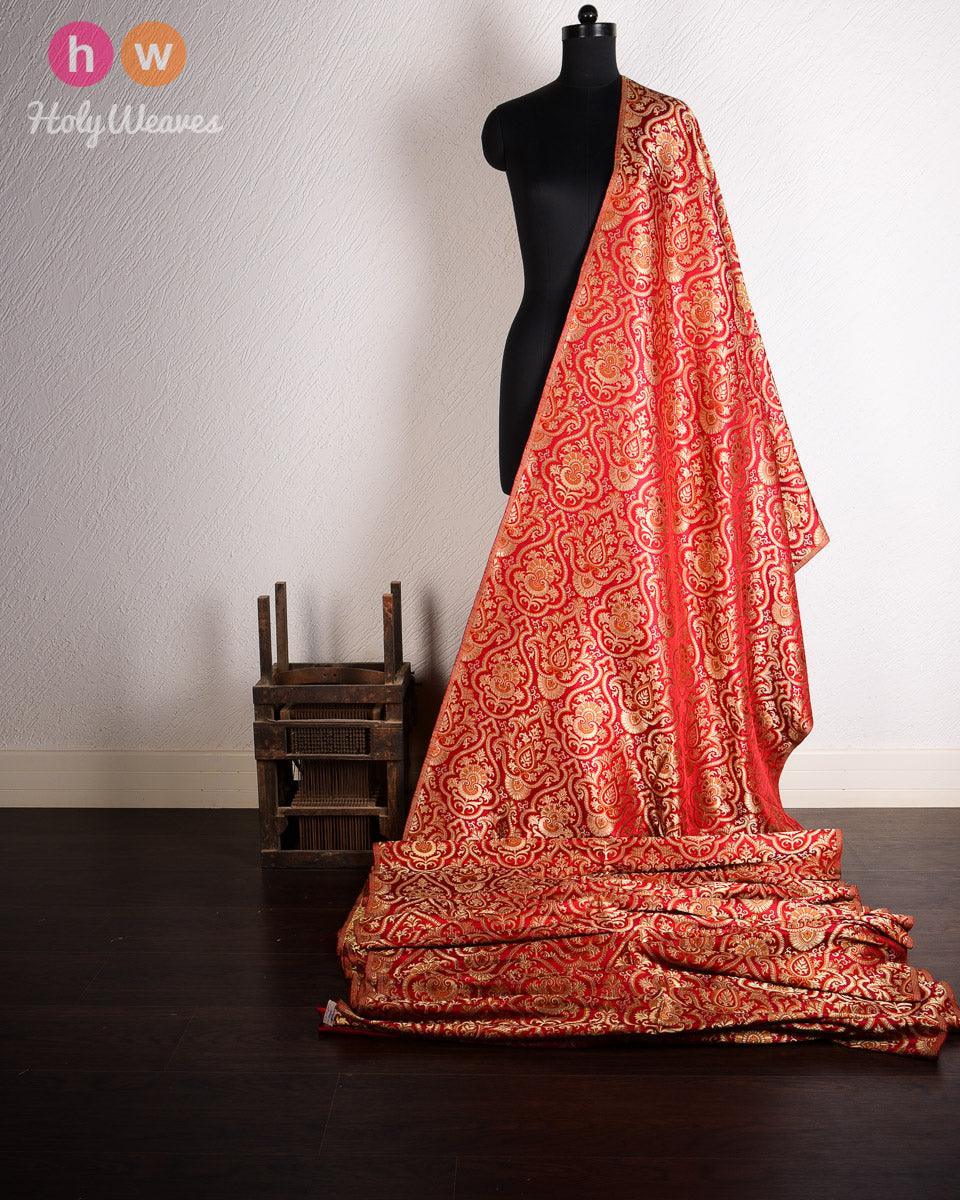 Red Handwoven Kimkhwab Brocade Fabric - By HolyWeaves, Benares