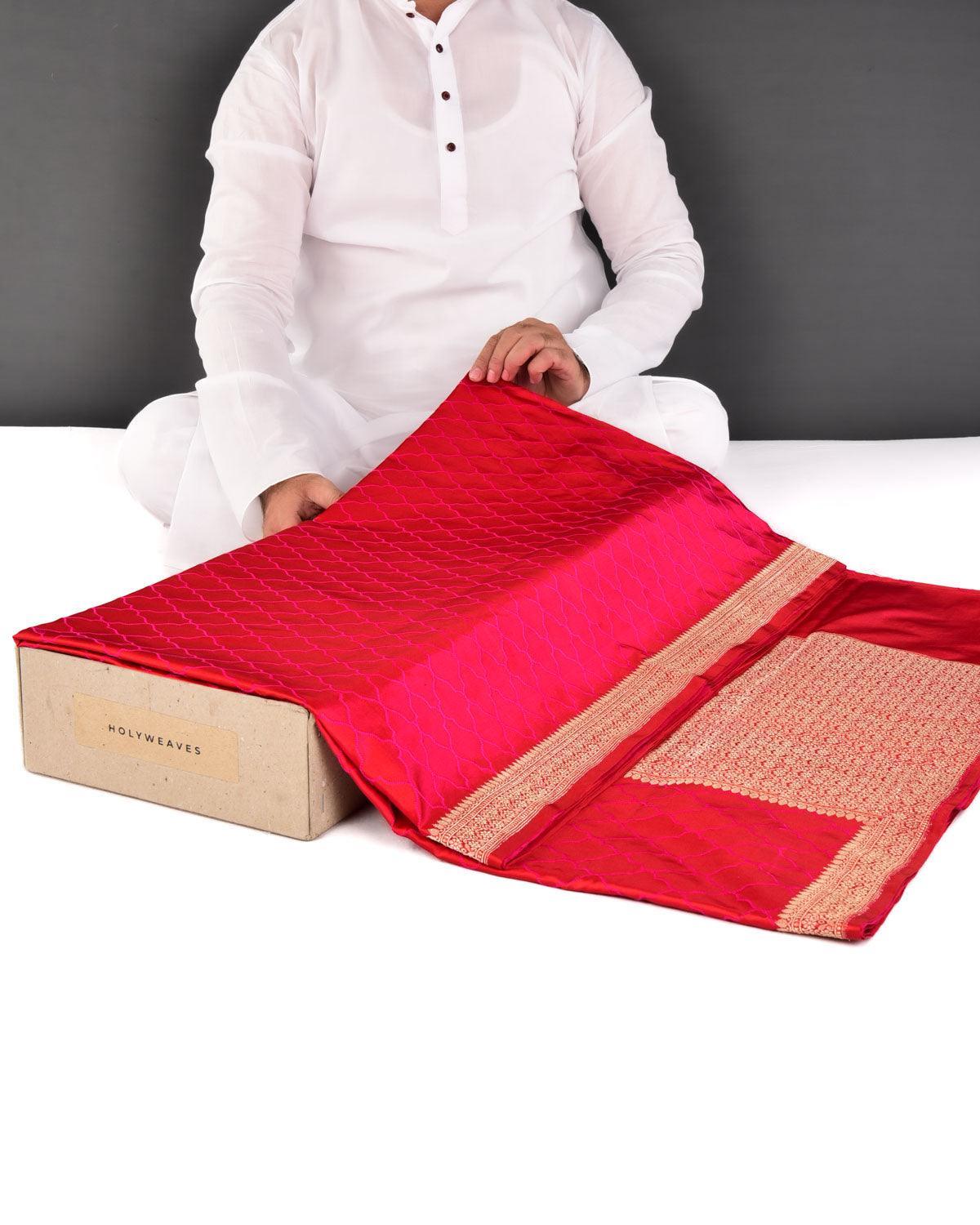 Red Moroccon Grid Satin Tanchoi Brocade Handwoven Katan Silk Saree - By HolyWeaves, Benares