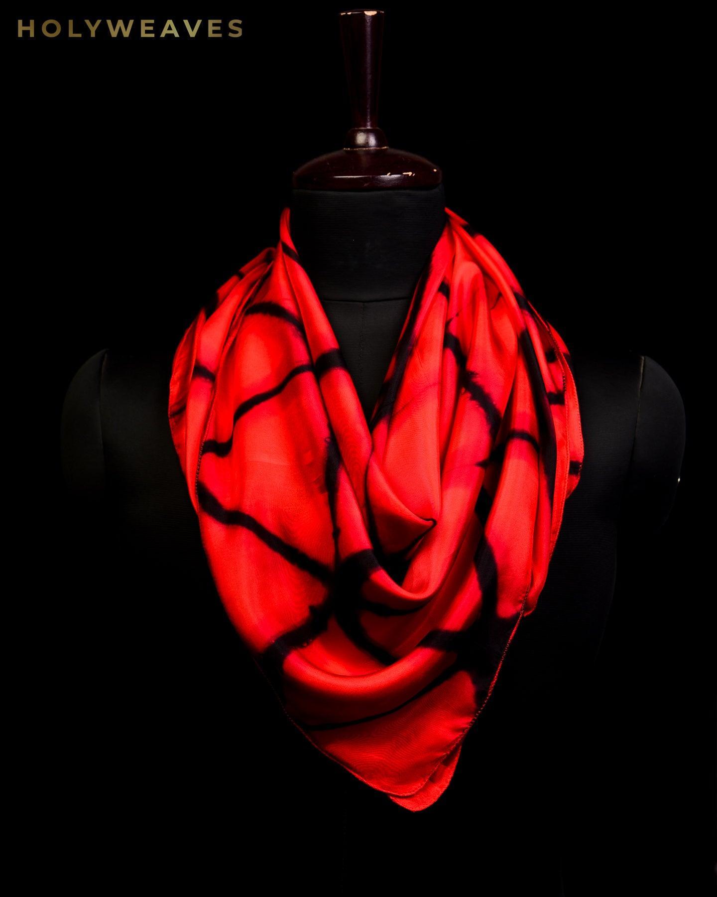 Red Multi Color Shibori Printed Silk Scarf 40"x40" - By HolyWeaves, Benares
