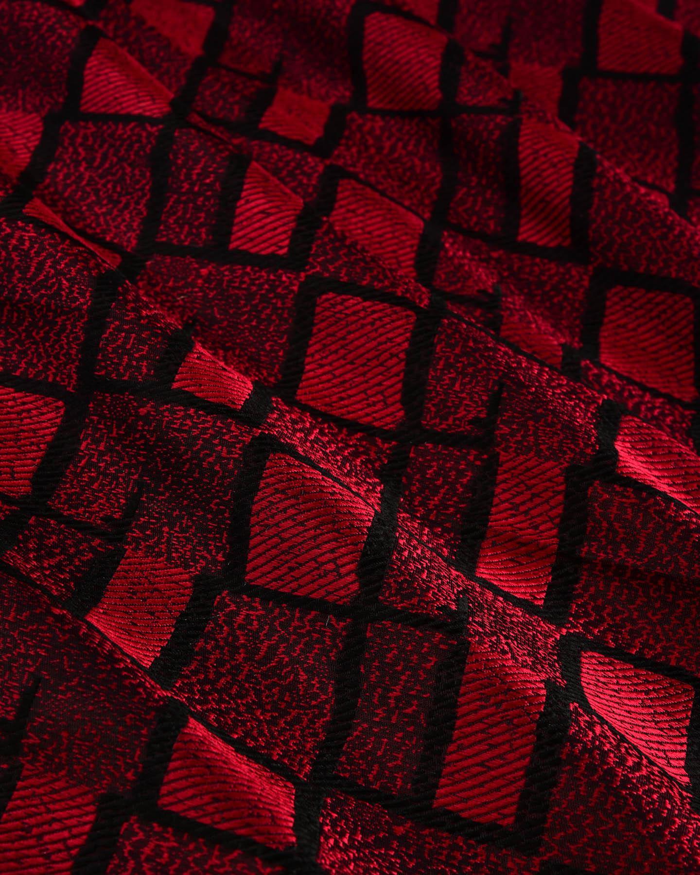 Red on Black Banarasi Geometric Satin Tanchoi Handwoven Katan Silk Fabric - By HolyWeaves, Benares
