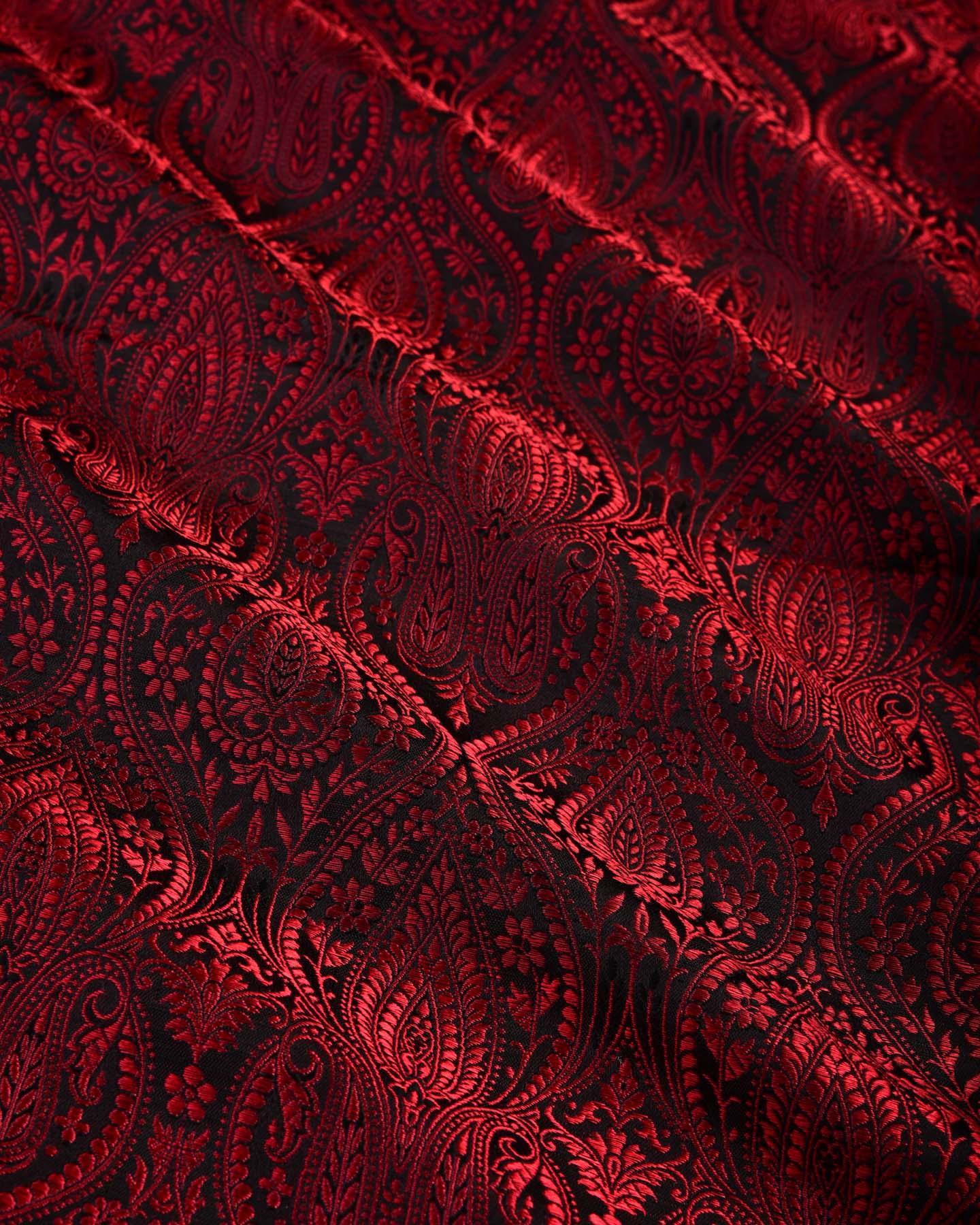 Red on Black Banarasi Tanchoi Handwoven Katan Silk Fabric - By HolyWeaves, Benares