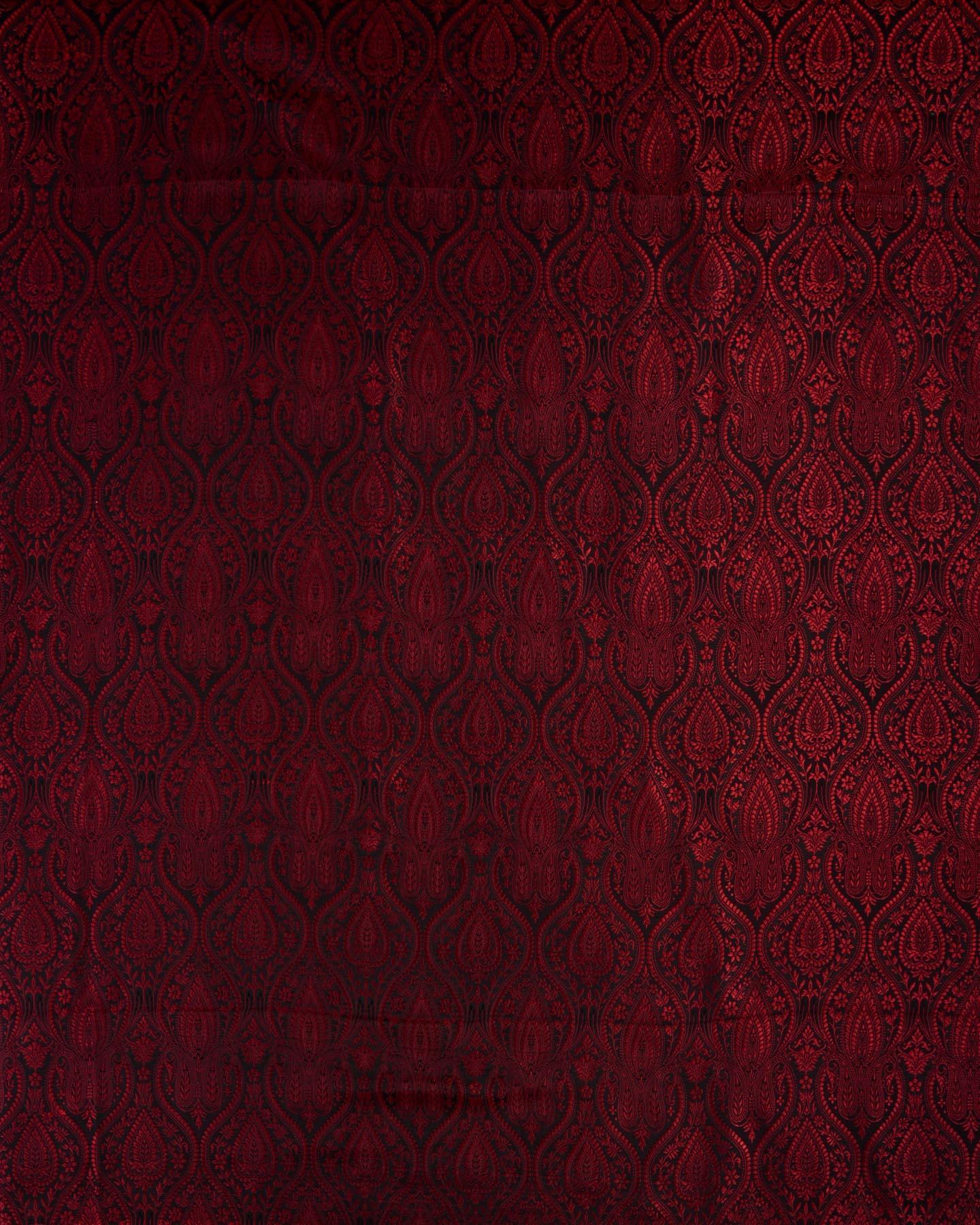 Red on Black Banarasi Tanchoi Handwoven Katan Silk Fabric - By HolyWeaves, Benares