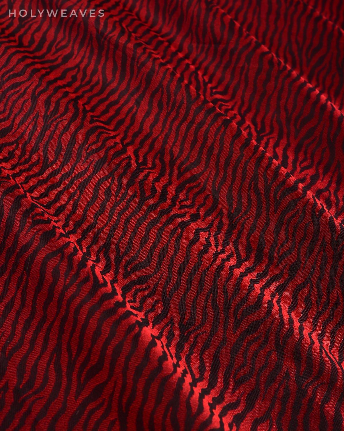 Red on Black Banarasi Tiger Resham Stripes Tanchoi Handwoven Katan Silk Fabric - By HolyWeaves, Benares