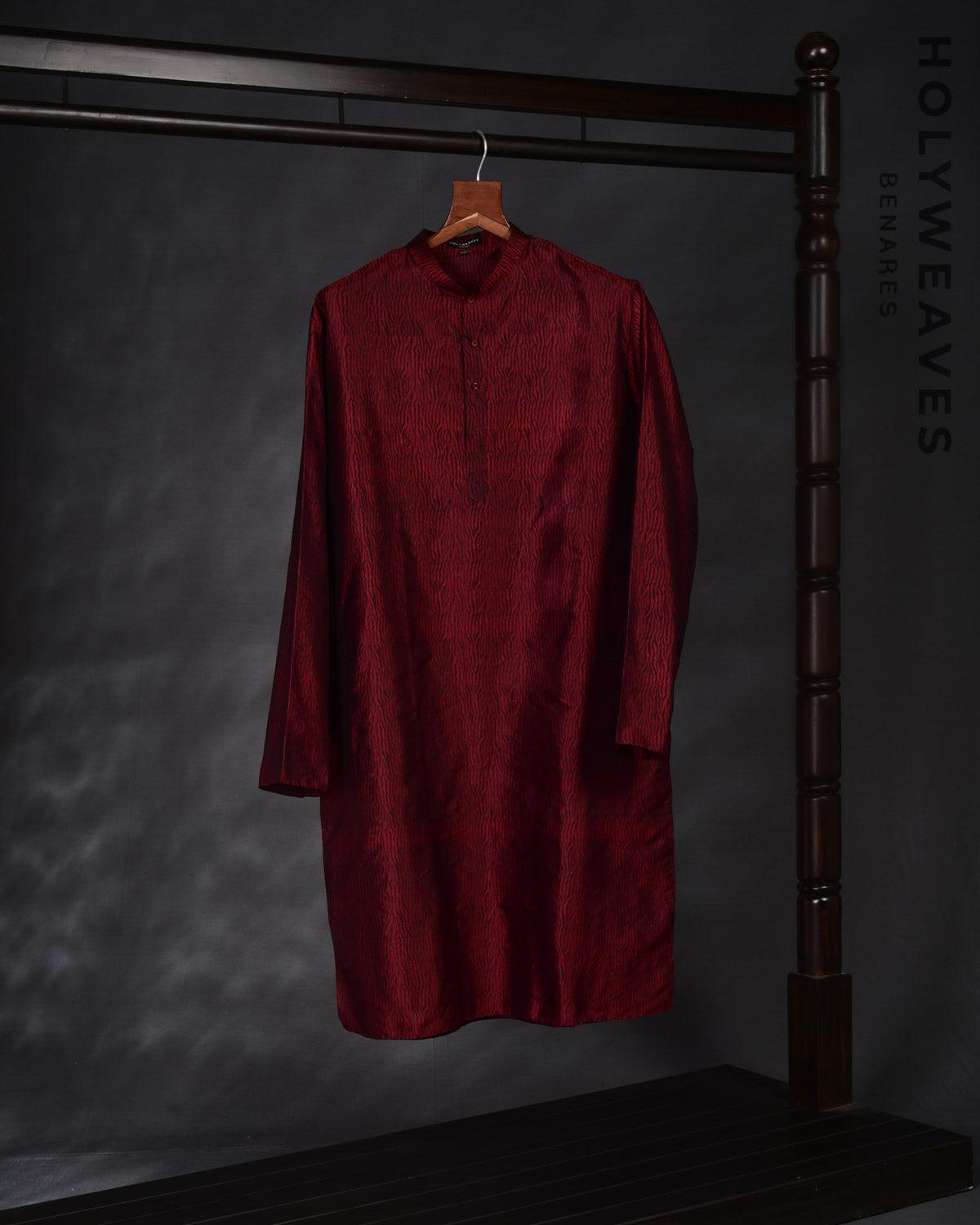 Red on Black Banarasi Tiger Stripes Tanchoi Handwoven Katan Silk Mens Kurta Pyjama - By HolyWeaves, Benares