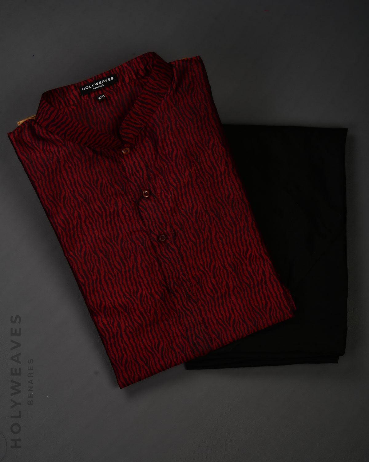 Red on Black Banarasi Tiger Stripes Tanchoi Handwoven Katan Silk Mens Kurta Pyjama - By HolyWeaves, Benares