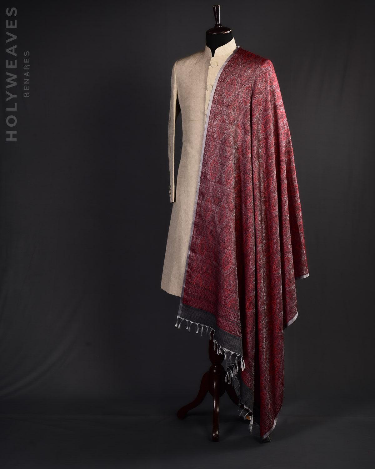 Red on Gray Banarasi Alfi Damask Jamawar Handwoven Silk-Wool Shawl - By HolyWeaves, Benares