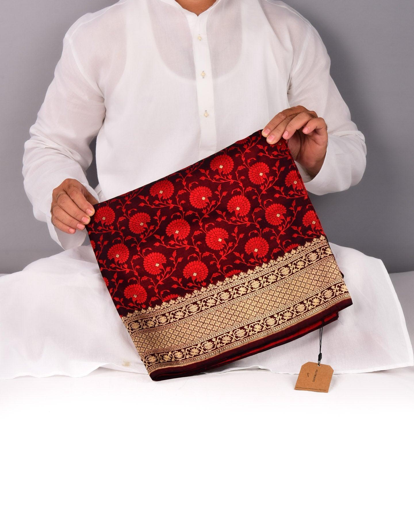 Red on Maroon Banarasi Zari Buti Tanchoi Brocade Handwoven Katan Silk Saree - By HolyWeaves, Benares